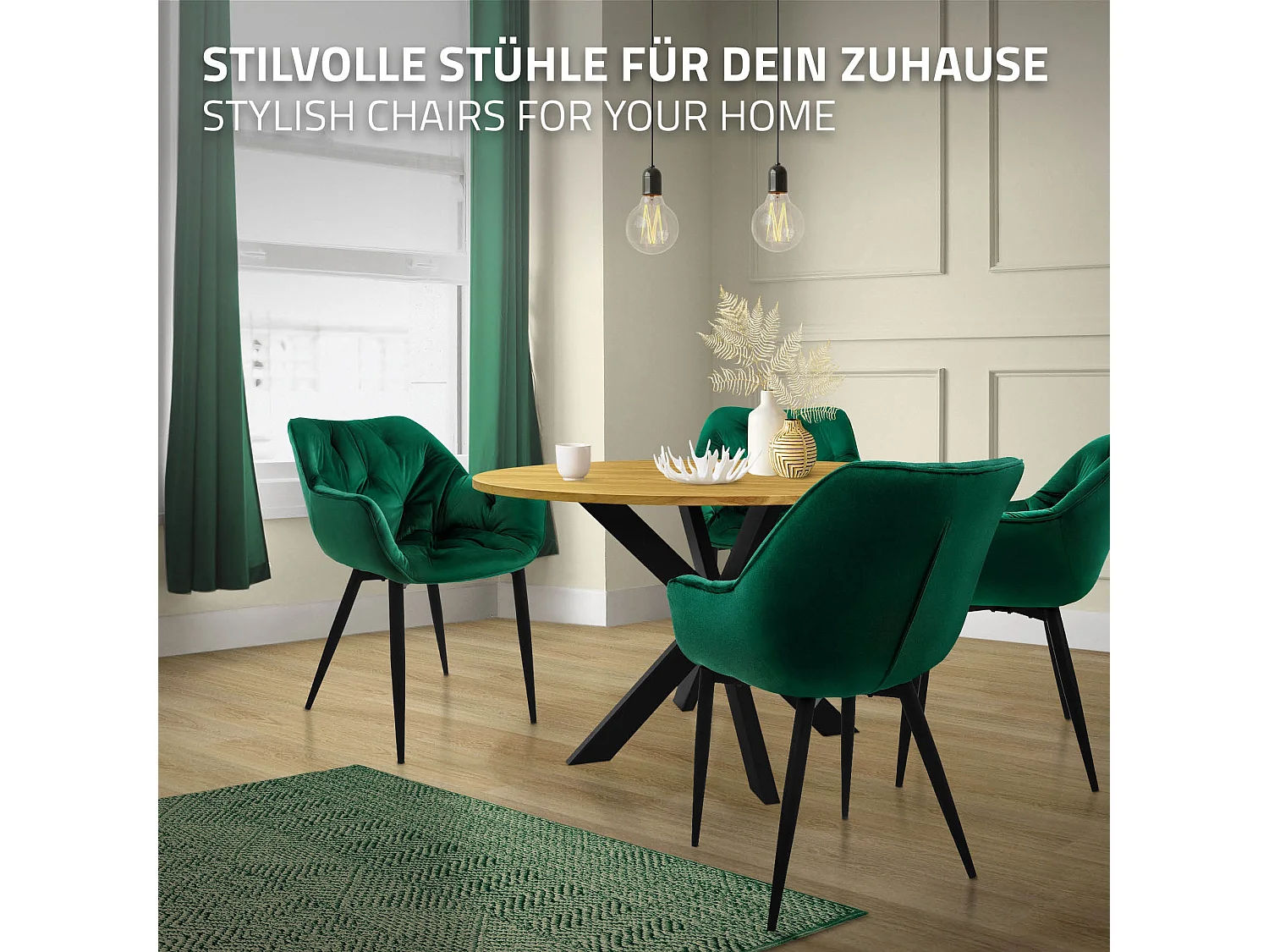 Lot de 4 chaises de salle à manger assise vert foncé en velours pieds métal noir