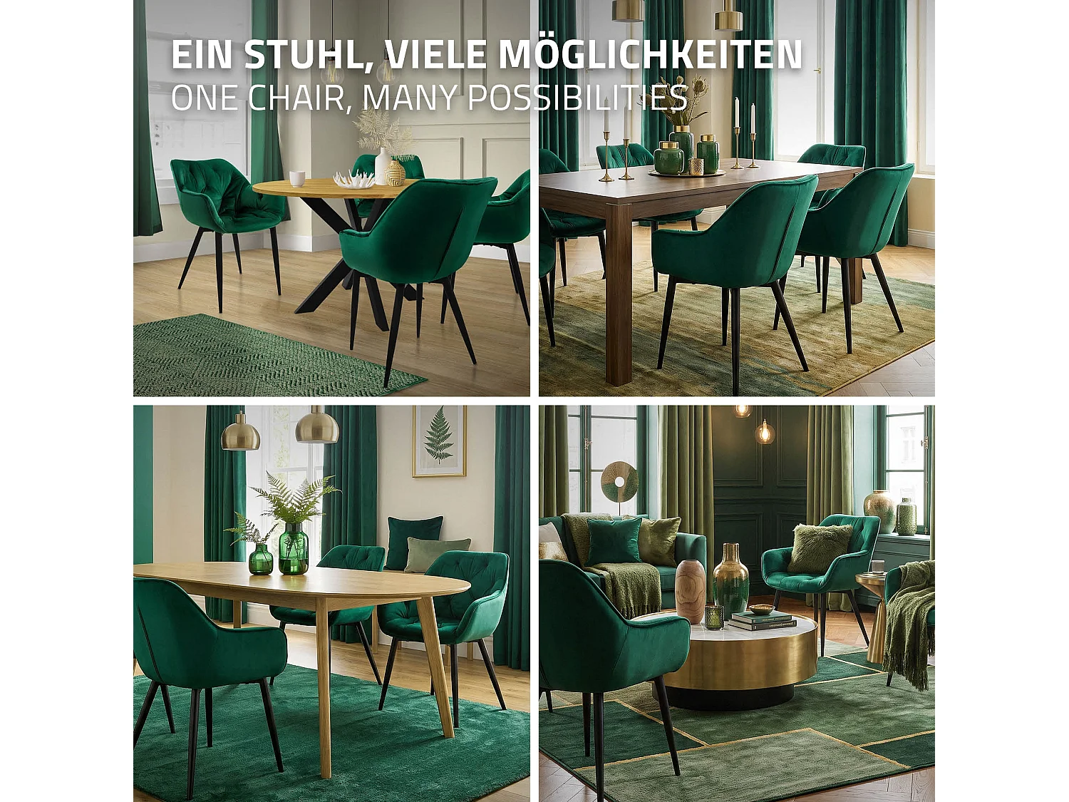 Lot de 4 chaises de salle à manger assise vert foncé en velours pieds métal noir