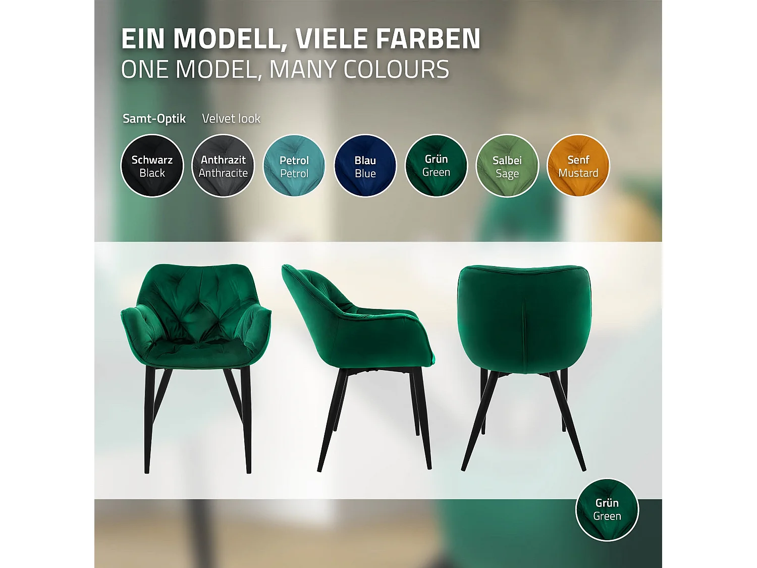 Lot de 4 chaises de salle à manger assise vert foncé en velours pieds métal noir