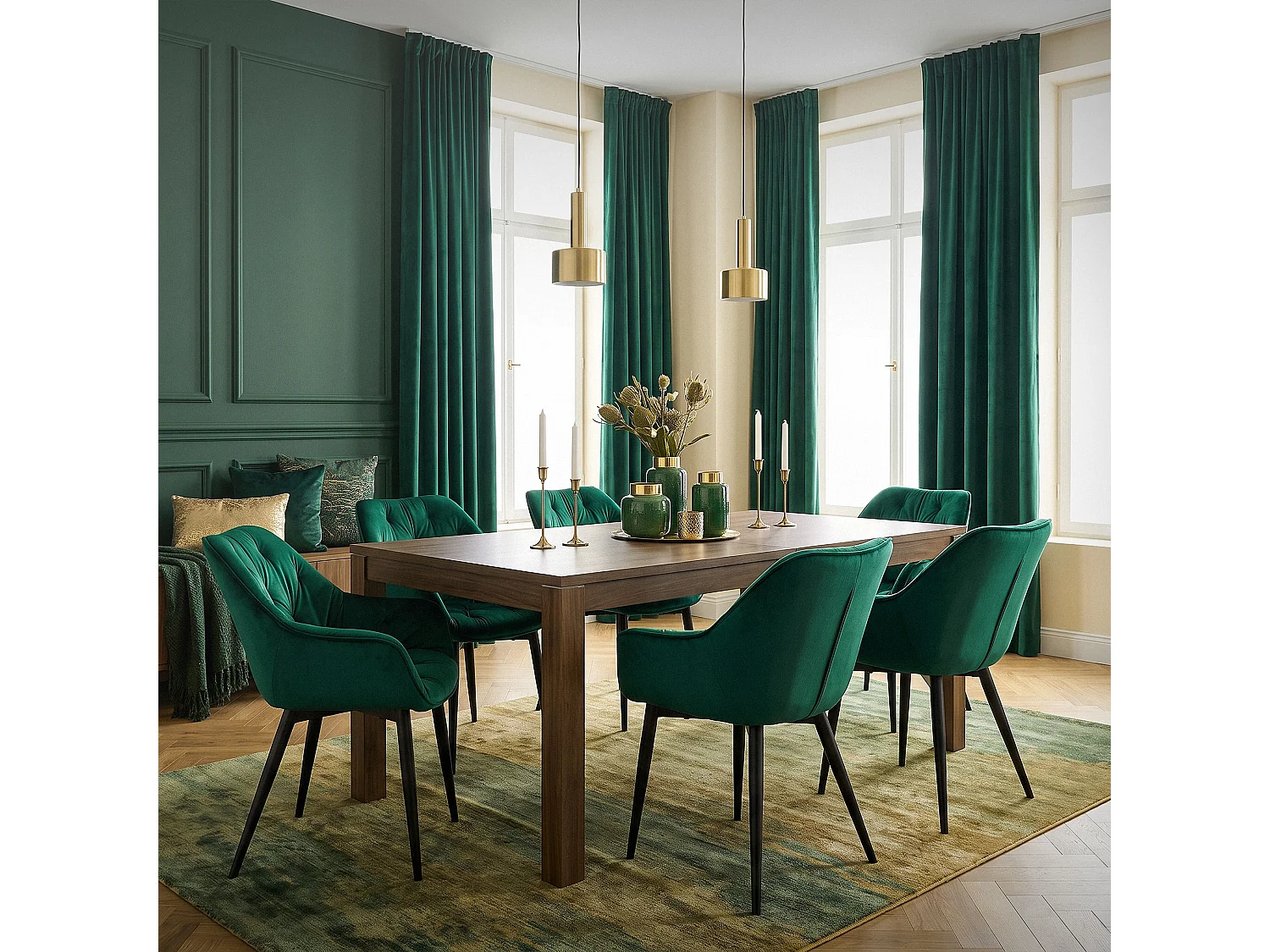 Lot de 4 chaises de salle à manger assise vert foncé en velours pieds métal noir