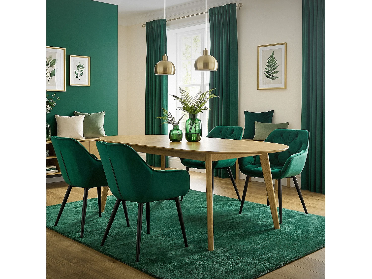 Lot de 4 chaises de salle à manger assise vert foncé en velours pieds métal noir