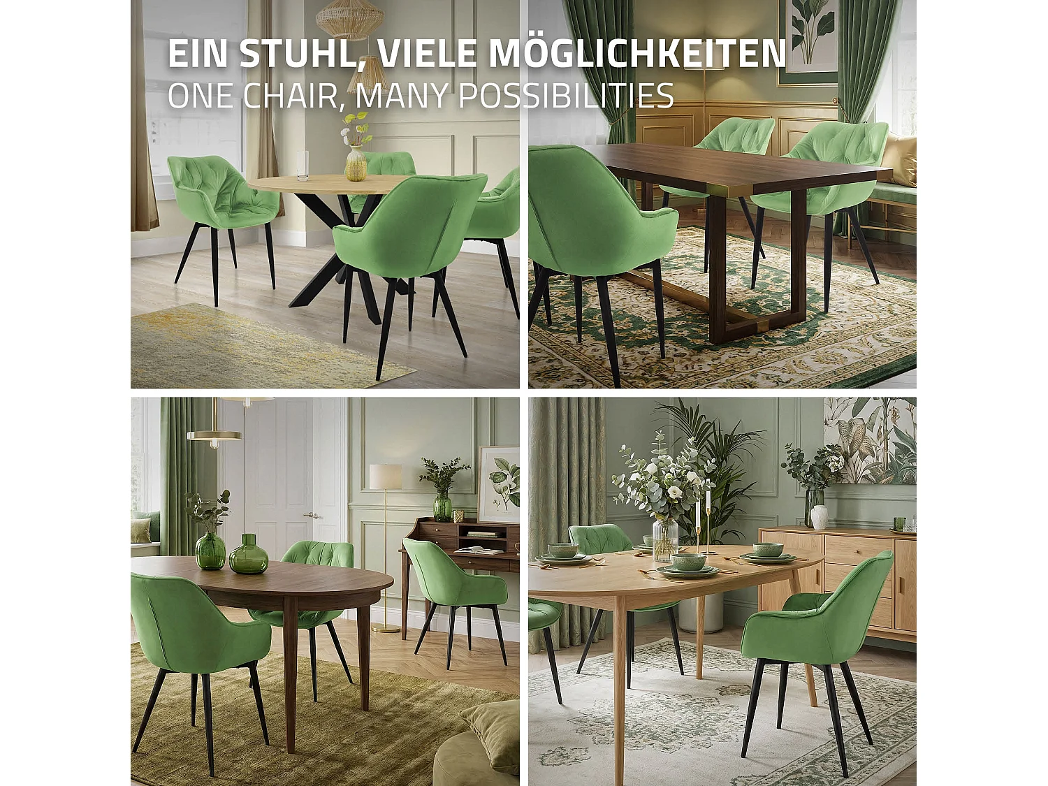 Lot de 4 chaises de salle à manger assise sauge en velours pieds métal noir