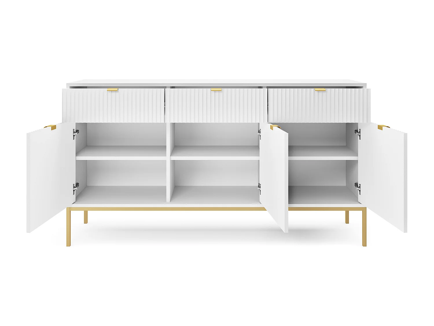 Sideboard Kommode 3-türig - 154 cm - mit 3 Schubladen, Weiß mit geriffelten Fronten mit goldenen Metallbeinen - VELLORE