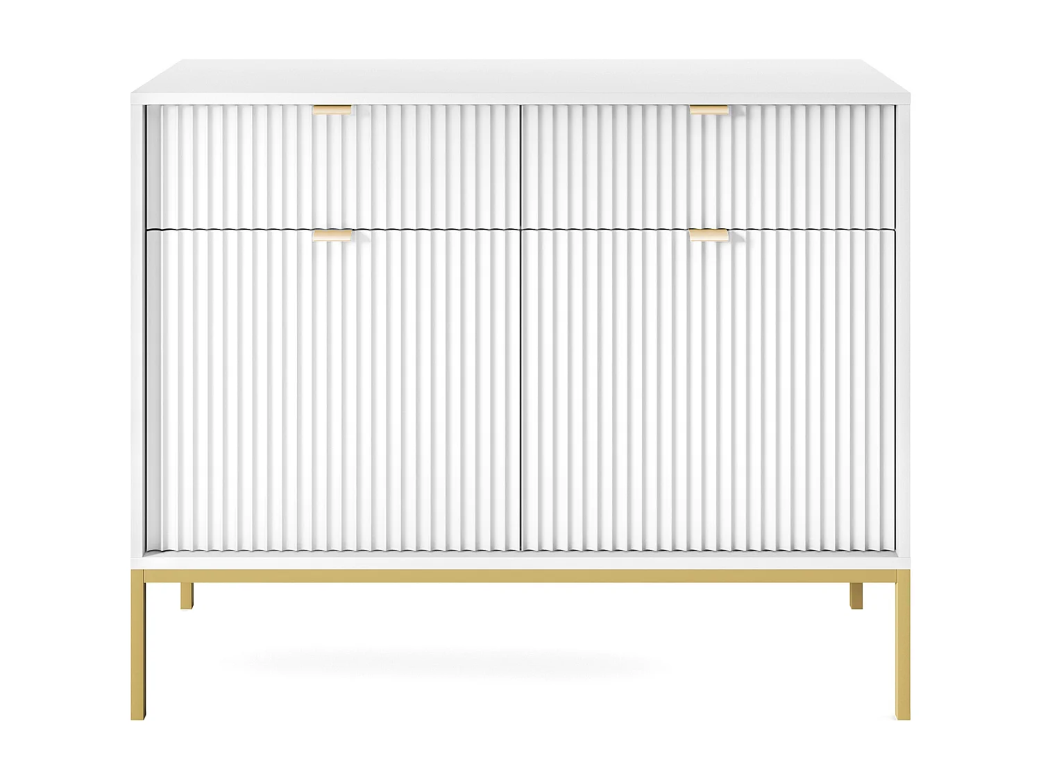 Sideboard Kommode 2-türig  - 104 cm - mit 2 Schubladen, Weiß mit geriffelten Fronten und goldenen Metallbeinen - VELLORE
