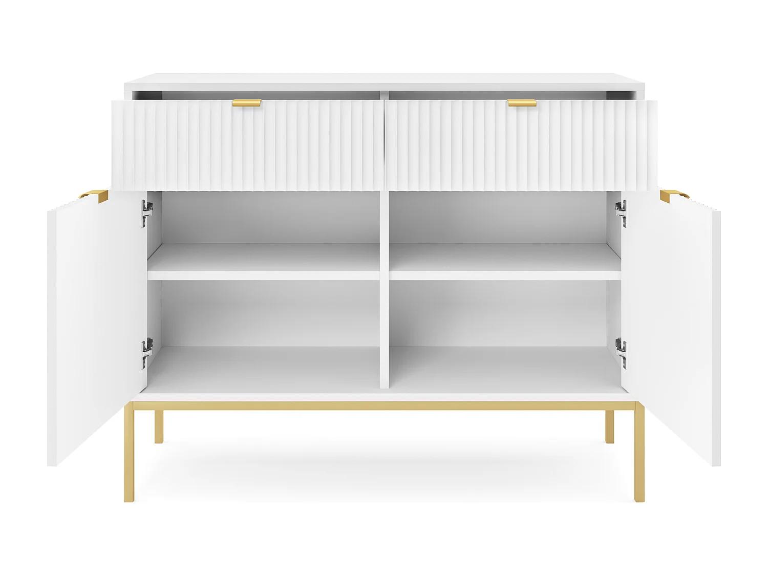 Sideboard Kommode 2-türig  - 104 cm - mit 2 Schubladen, Weiß mit geriffelten Fronten und goldenen Metallbeinen - VELLORE