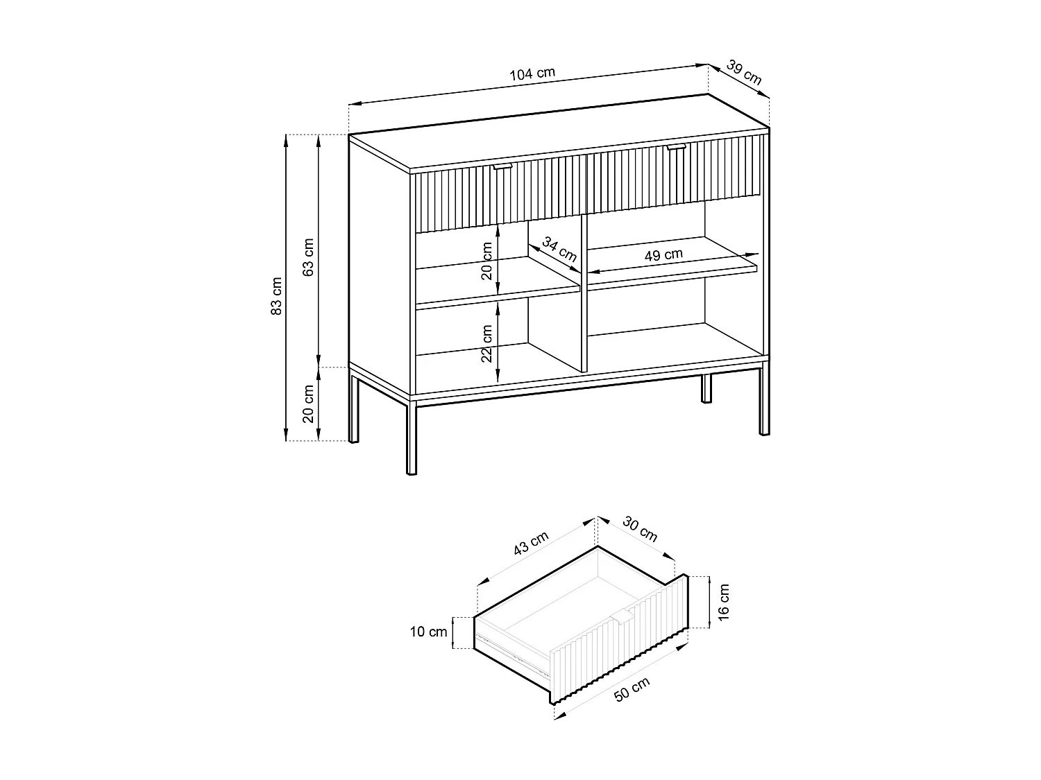 Sideboard Kommode 2-türig  - 104 cm - mit 2 Schubladen, Weiß mit geriffelten Fronten und goldenen Metallbeinen - VELLORE