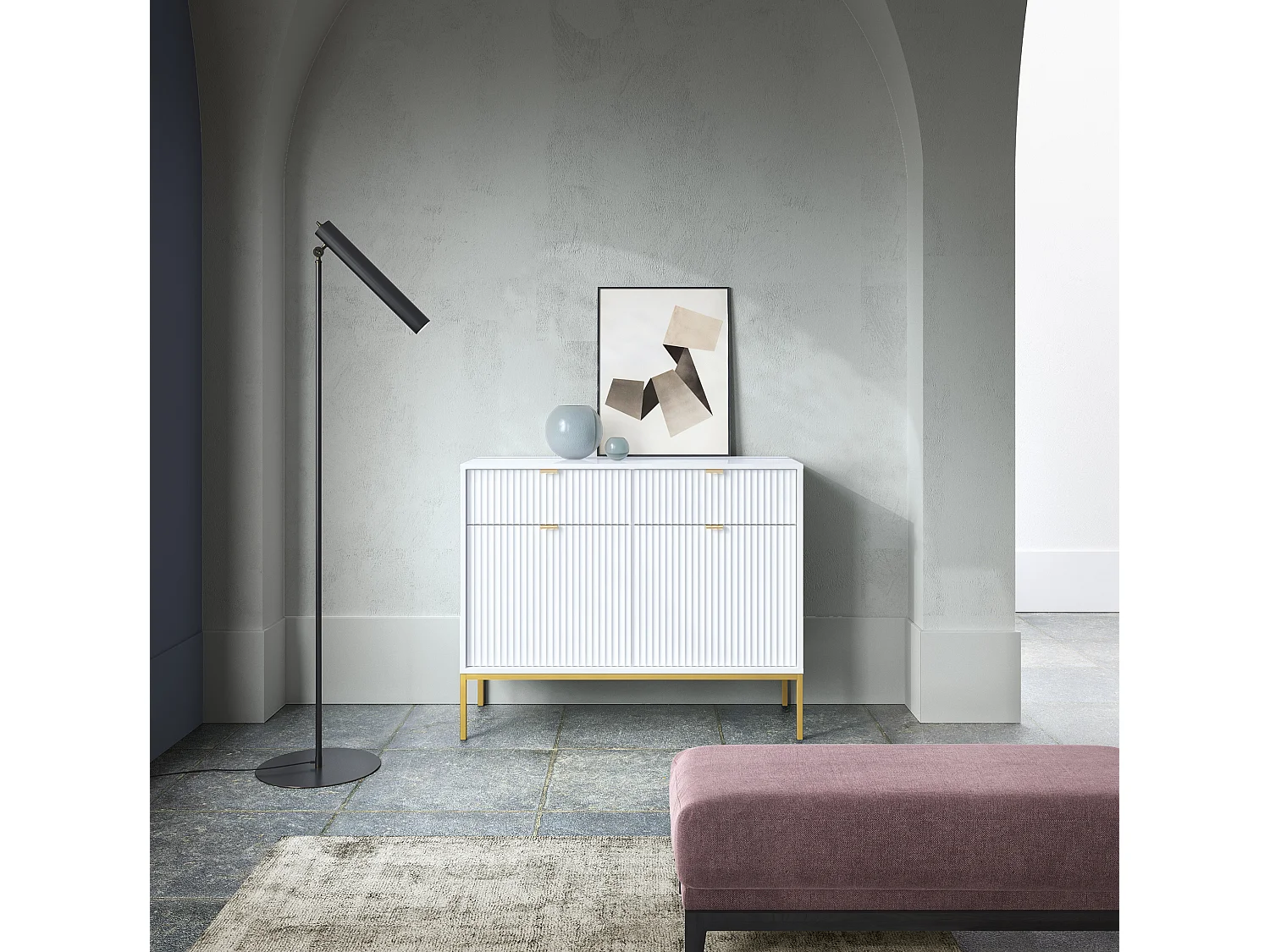 Zweitürige Kommode - 104 cm - weiß mit goldenen Beinen - VELLORE