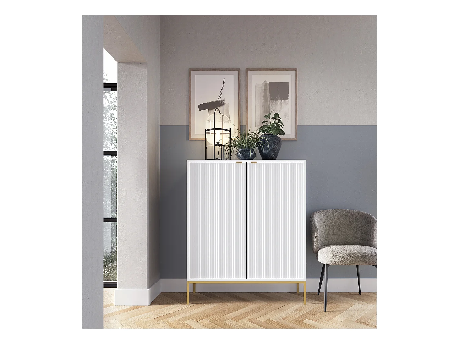 Commode haute à deux portes - 104 cm - blanc avec pieds dorés - VELLORE