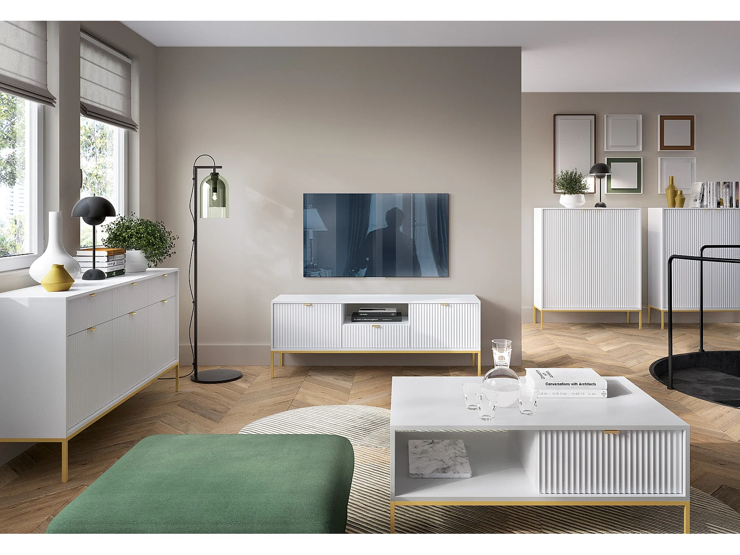 Commode haute à deux portes - 104 cm - blanc avec pieds dorés - VELLORE