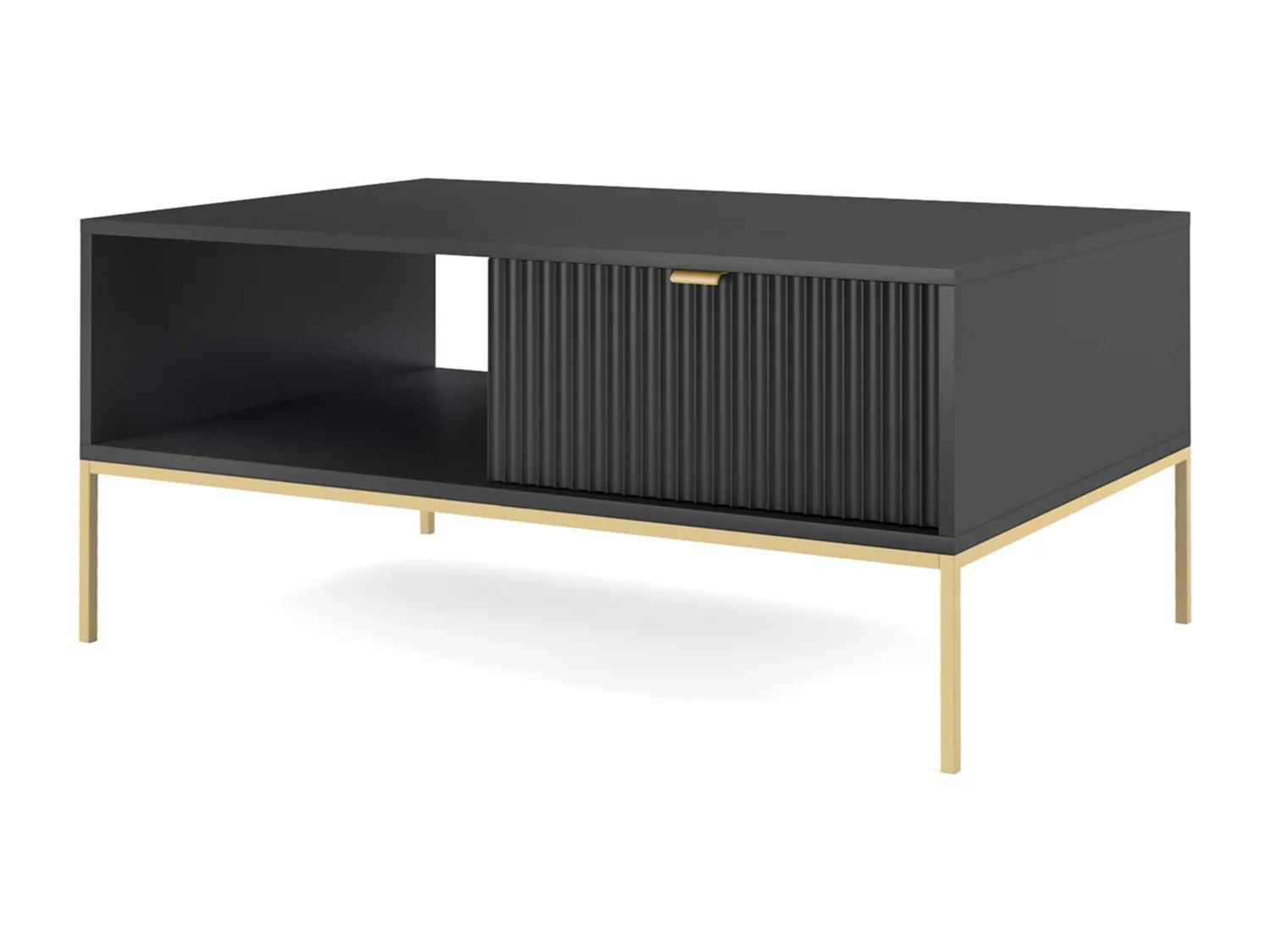 Couchtisch Wohnzimmertisch - 104x68 cm - mit Schublade, Schwarz mit goldenen Metallbeinen - VELLORE