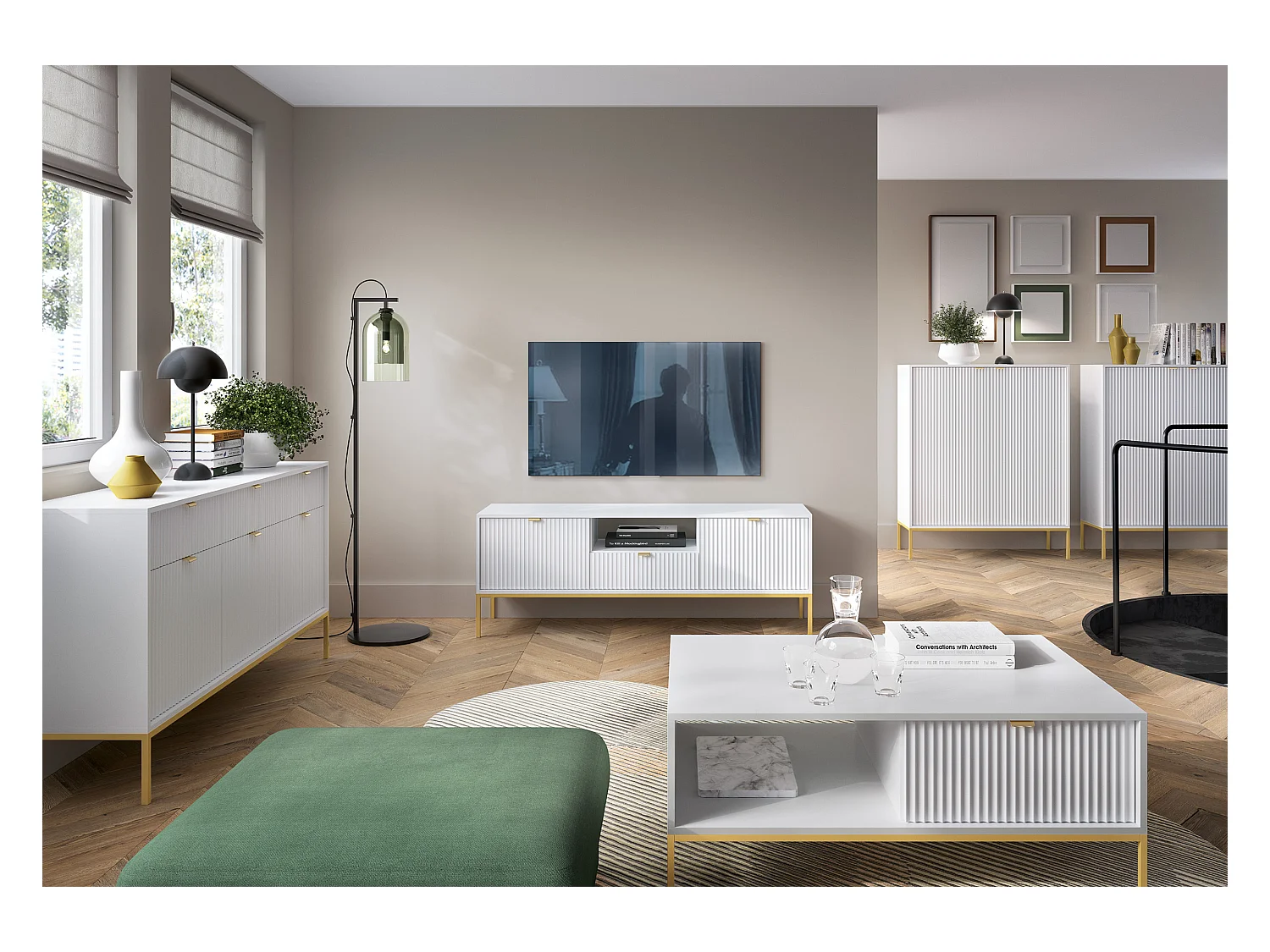 Table basse - 104x68 cm - blanc avec pieds dorés - VELLORE