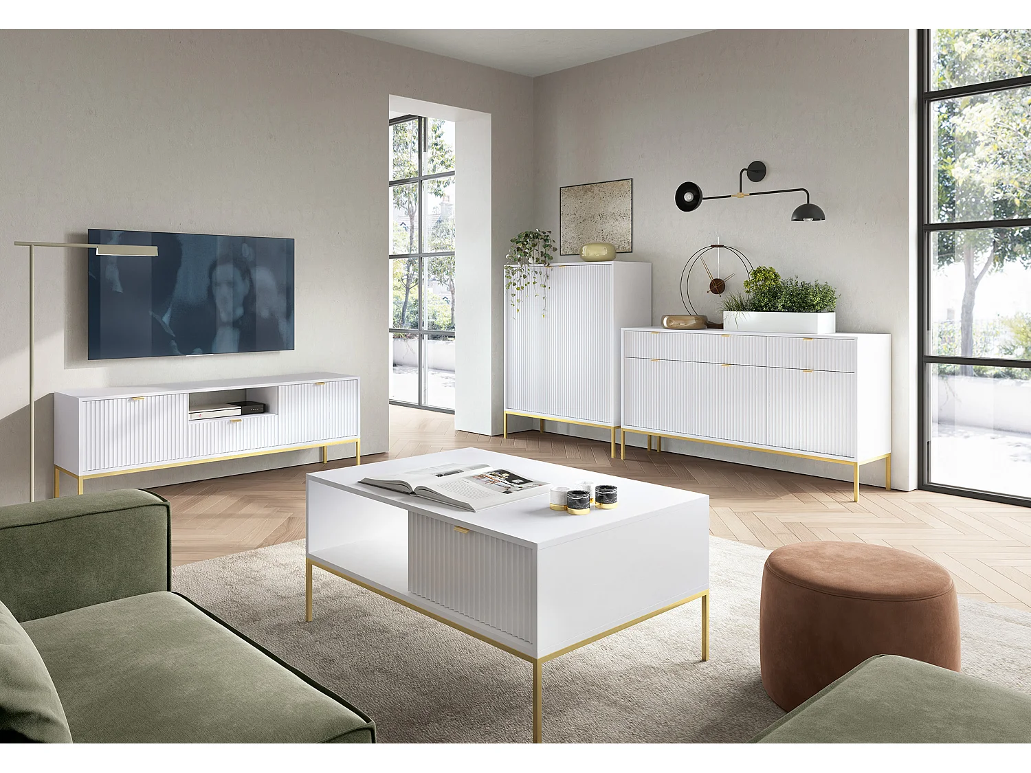 Table basse - 104x68 cm - blanc avec pieds dorés - VELLORE