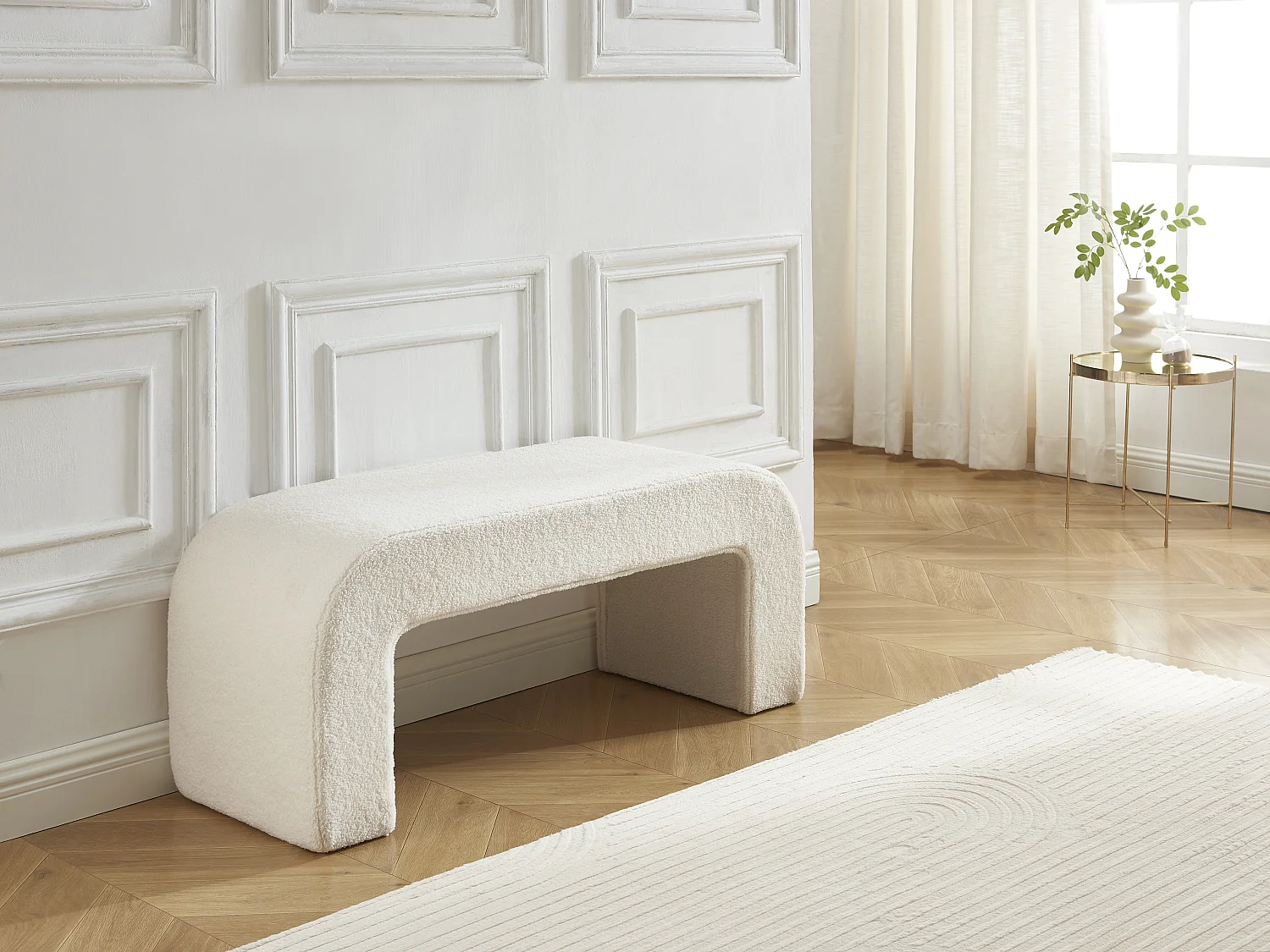 Panca/Credenza Sweeek Fujo In Legno Di Gomma E Tessuto Bouclé - Bianco, 121x45x45 Cm