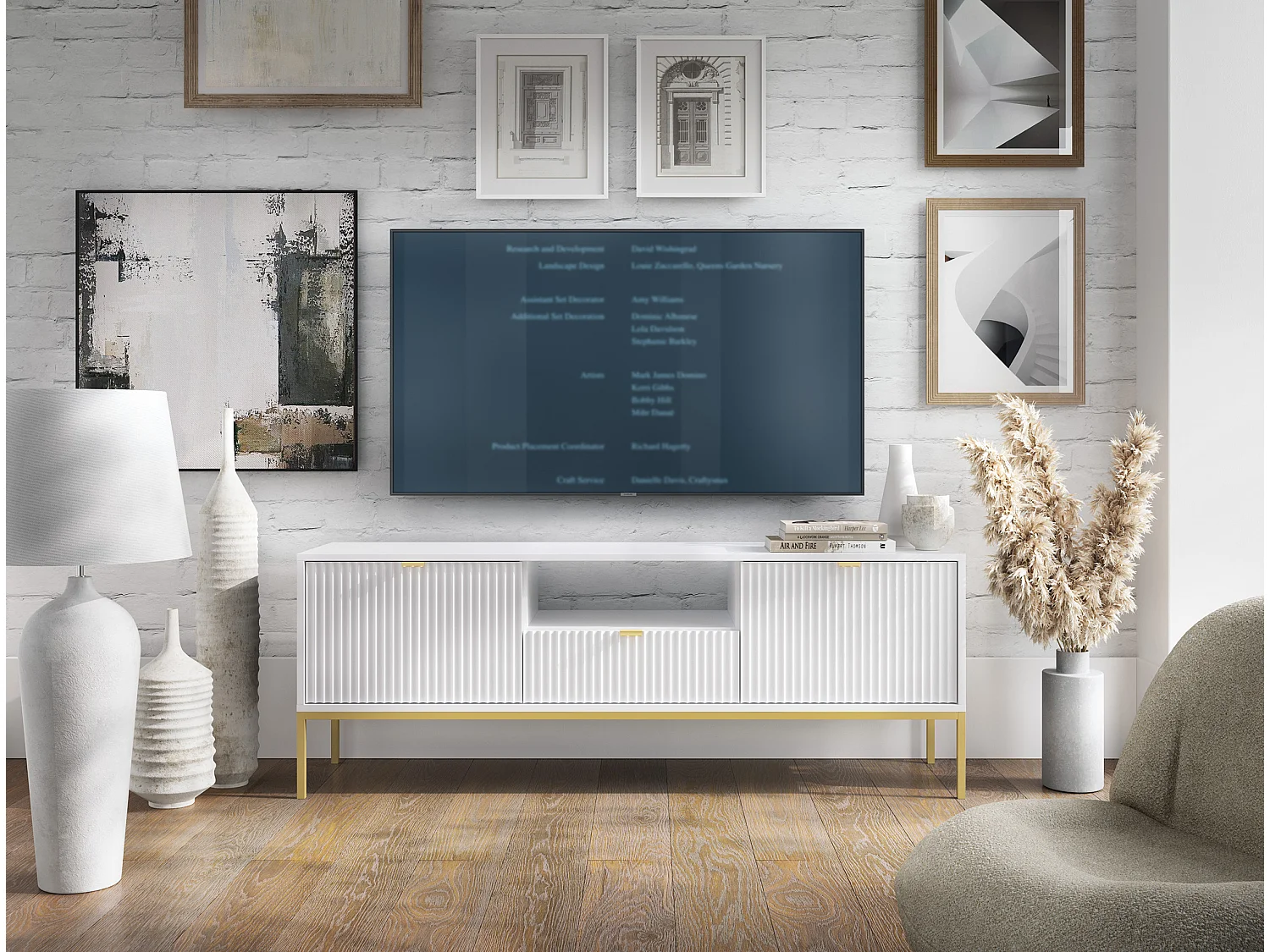 Meuble TV - 154 cm - blanc avec pieds dorés - VELLORE