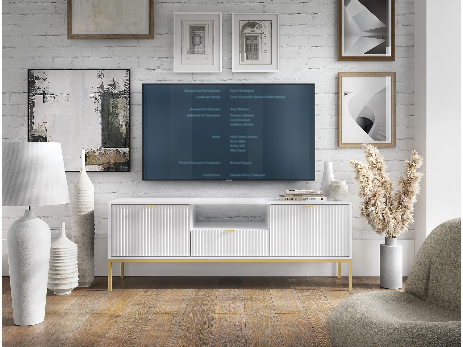 TV-Schrank - 154 cm - weiß mit goldenen Beinen - VELLORE