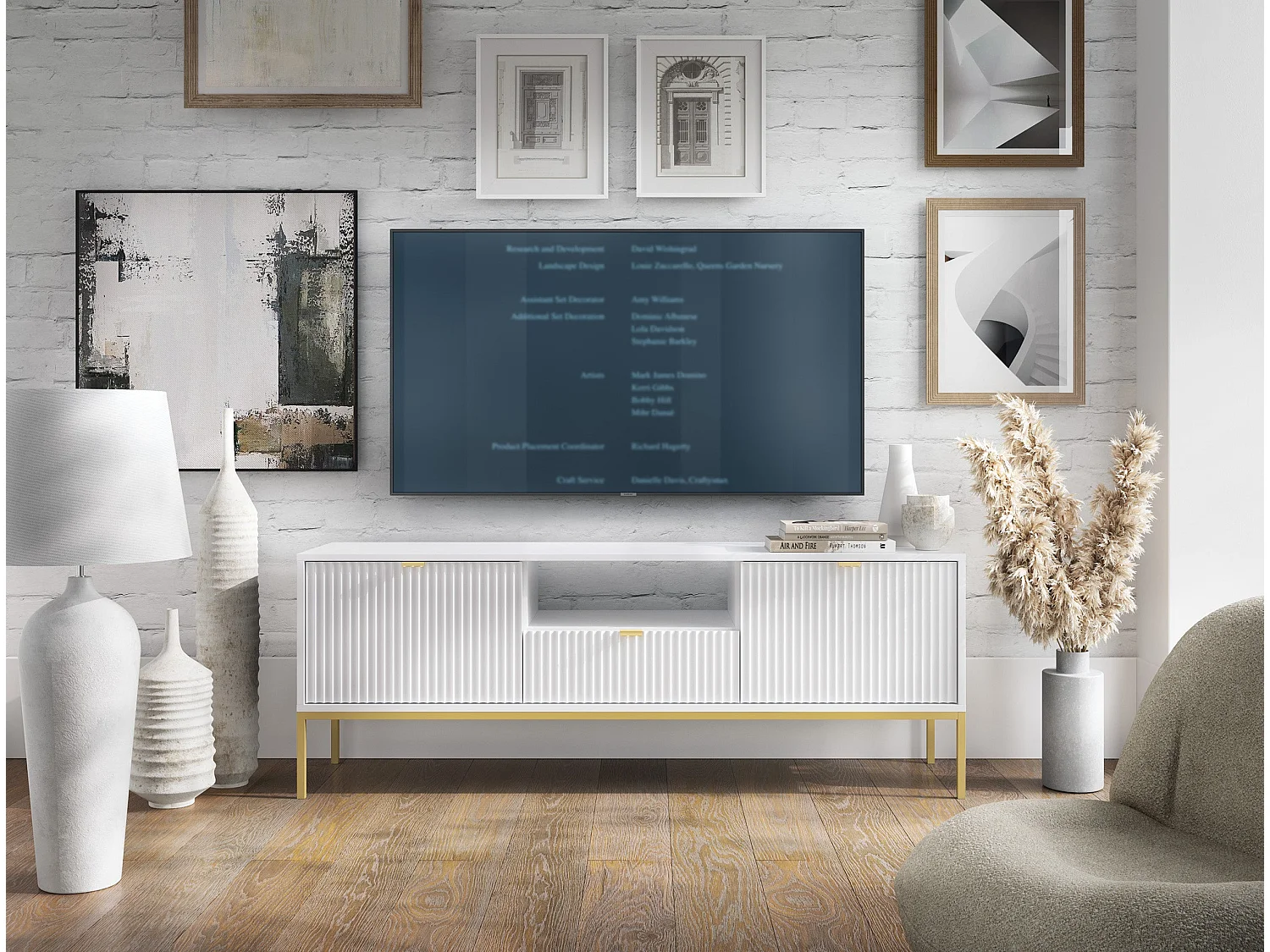 Meuble TV - 154 cm - blanc avec pieds dorés - VELLORE