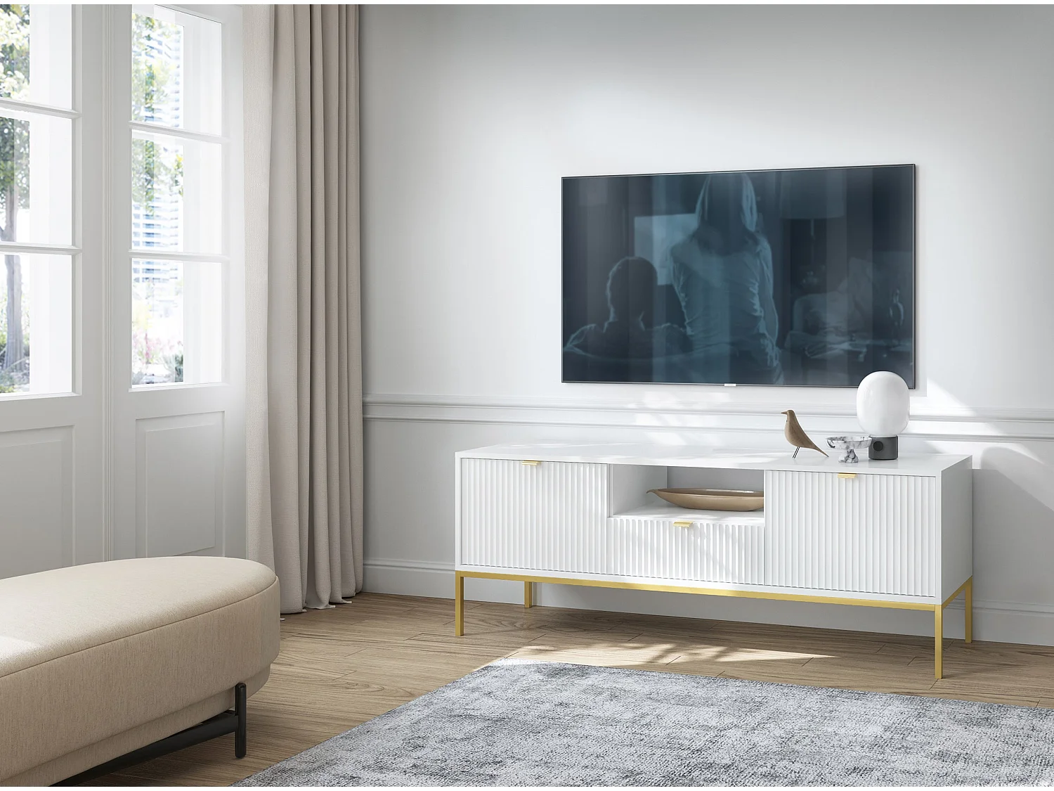 Meuble TV - 154 cm - blanc avec pieds dorés - VELLORE