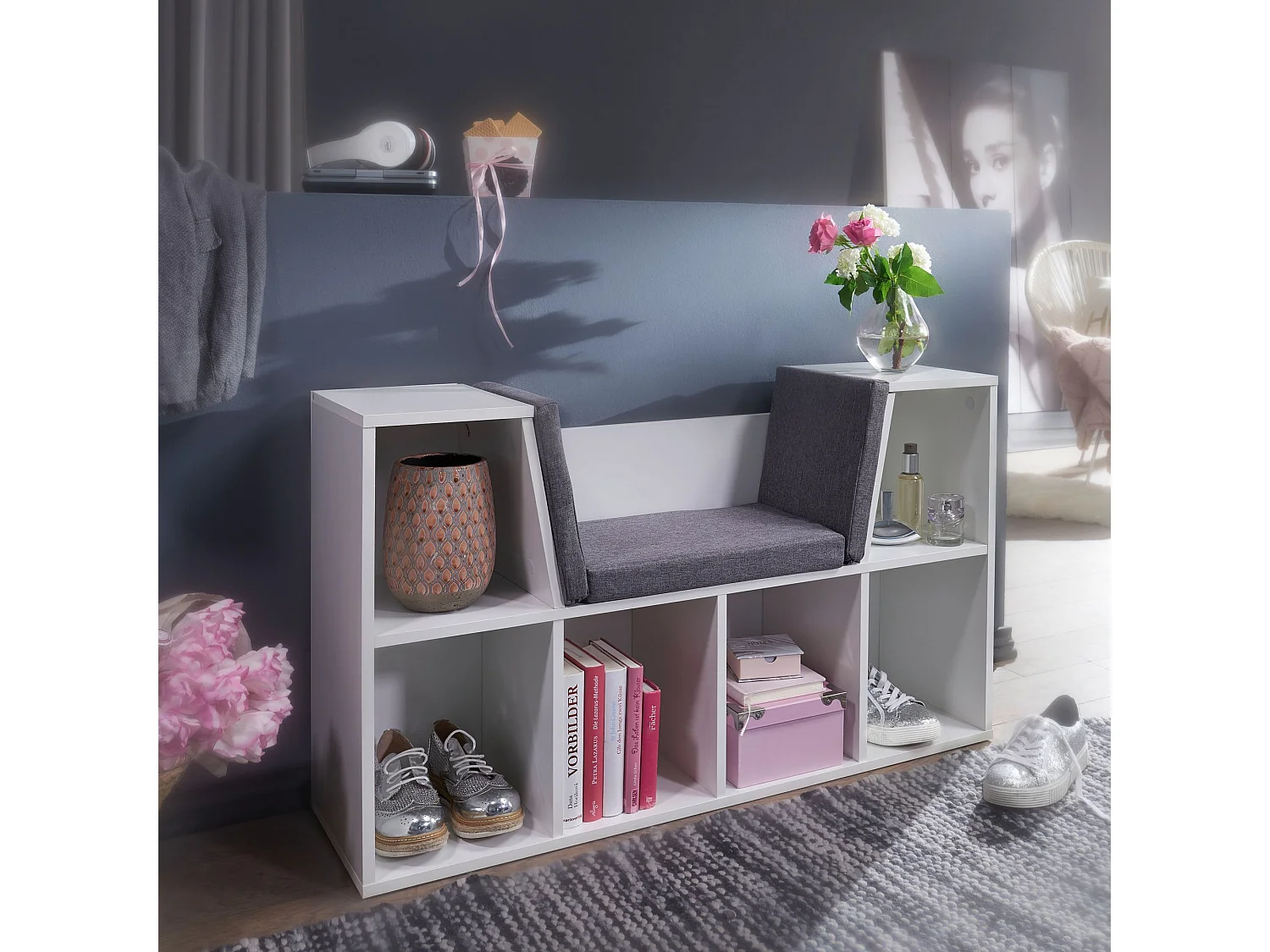 Design Regal mit Sitzfläche 101,5x61,5x30cm Weiß Schuhregal Standregal