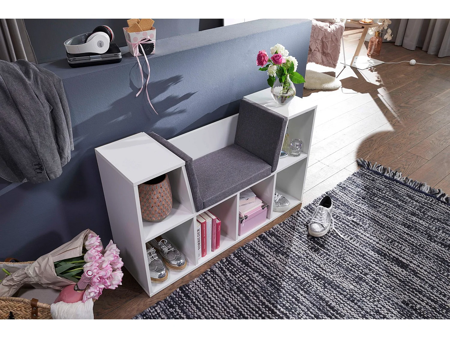 Design Regal mit Sitzfläche 101,5x61,5x30cm Weiß Schuhregal Standregal