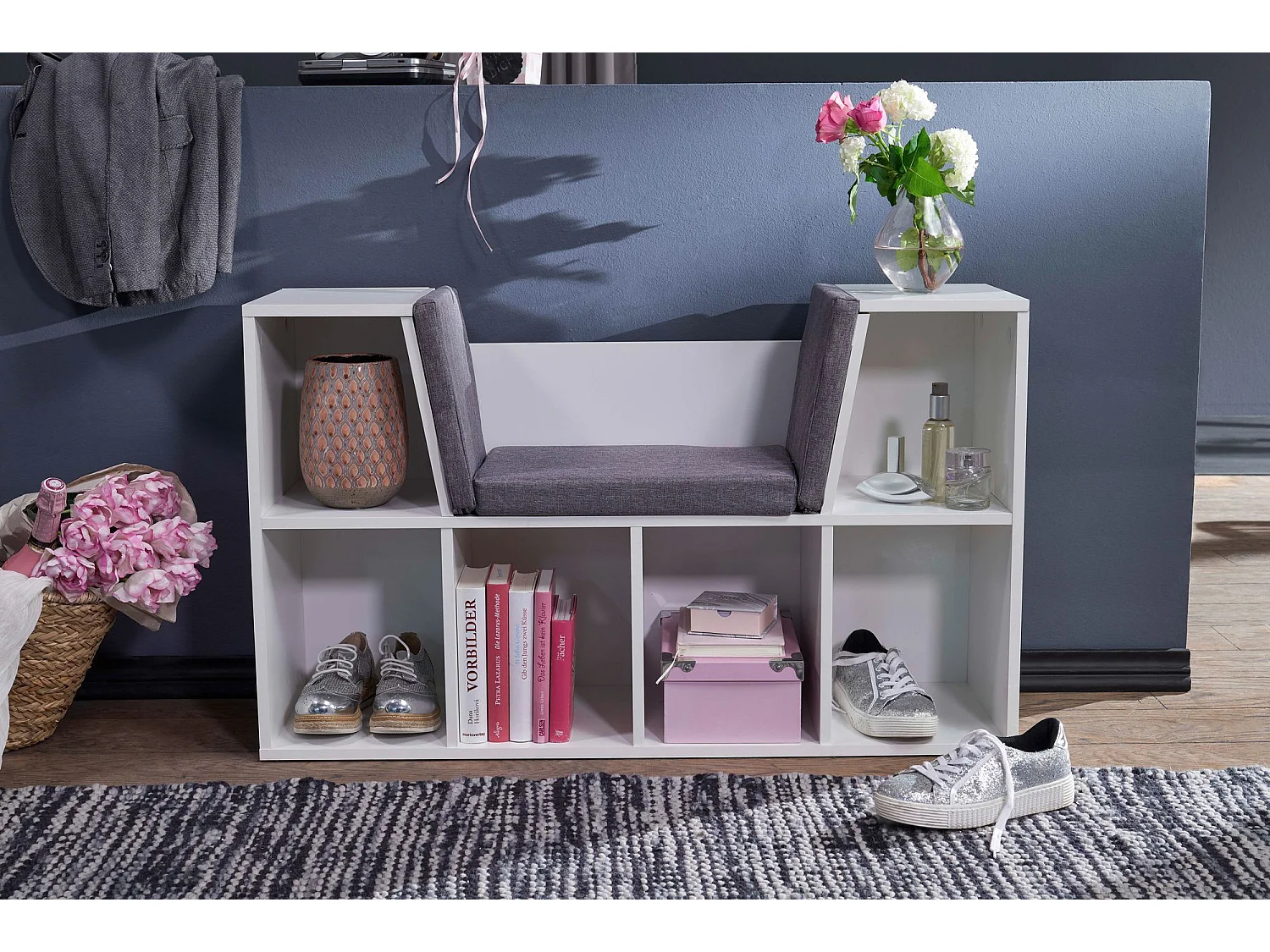 Design Regal mit Sitzfläche 101,5x61,5x30cm Weiß Schuhregal Standregal