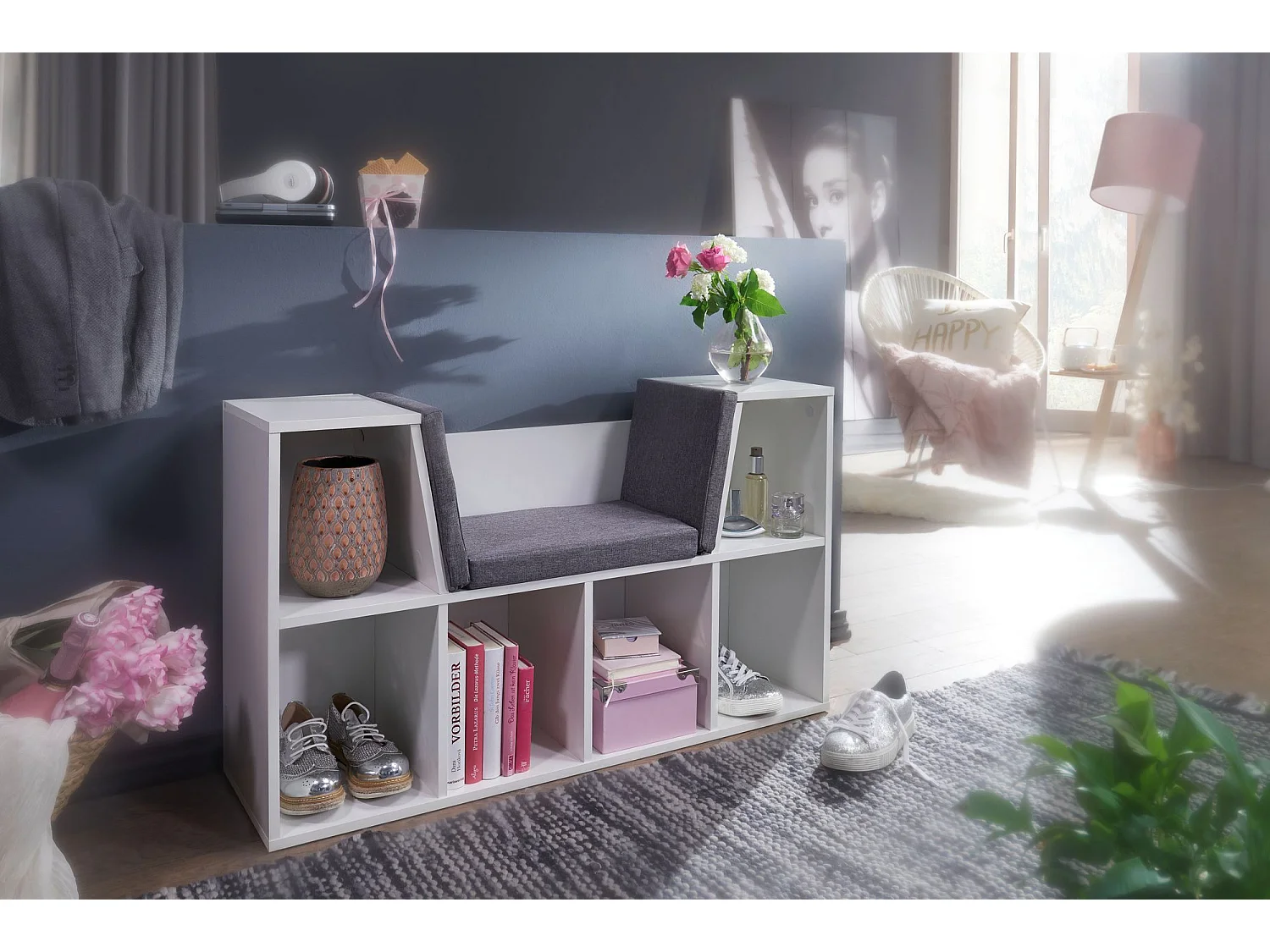 Design Regal mit Sitzfläche 101,5x61,5x30cm Weiß Schuhregal Standregal