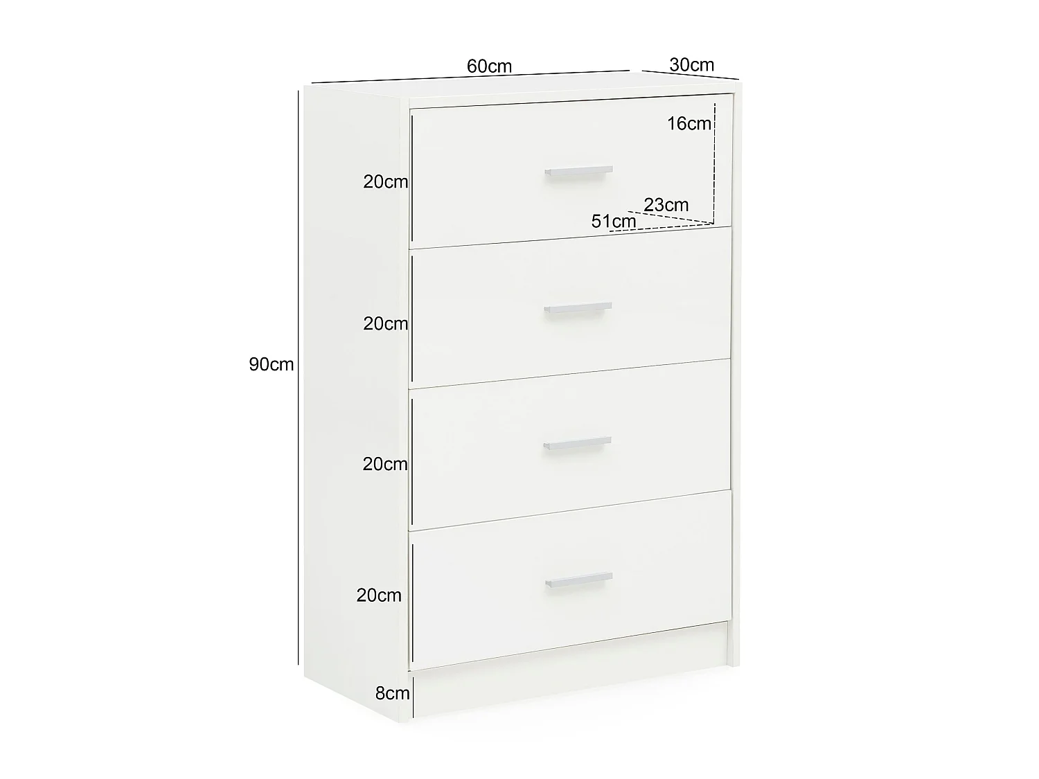 Commode avec 4 tiroirs Armoire 60x90x30 cm Blanche Buffet Cabinet Salon