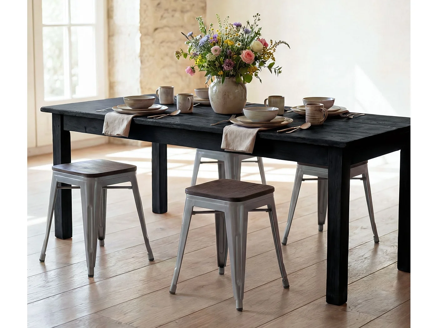 Hocker MCW-A73 (4er-Set) Holz-Sitzfläche, Grau