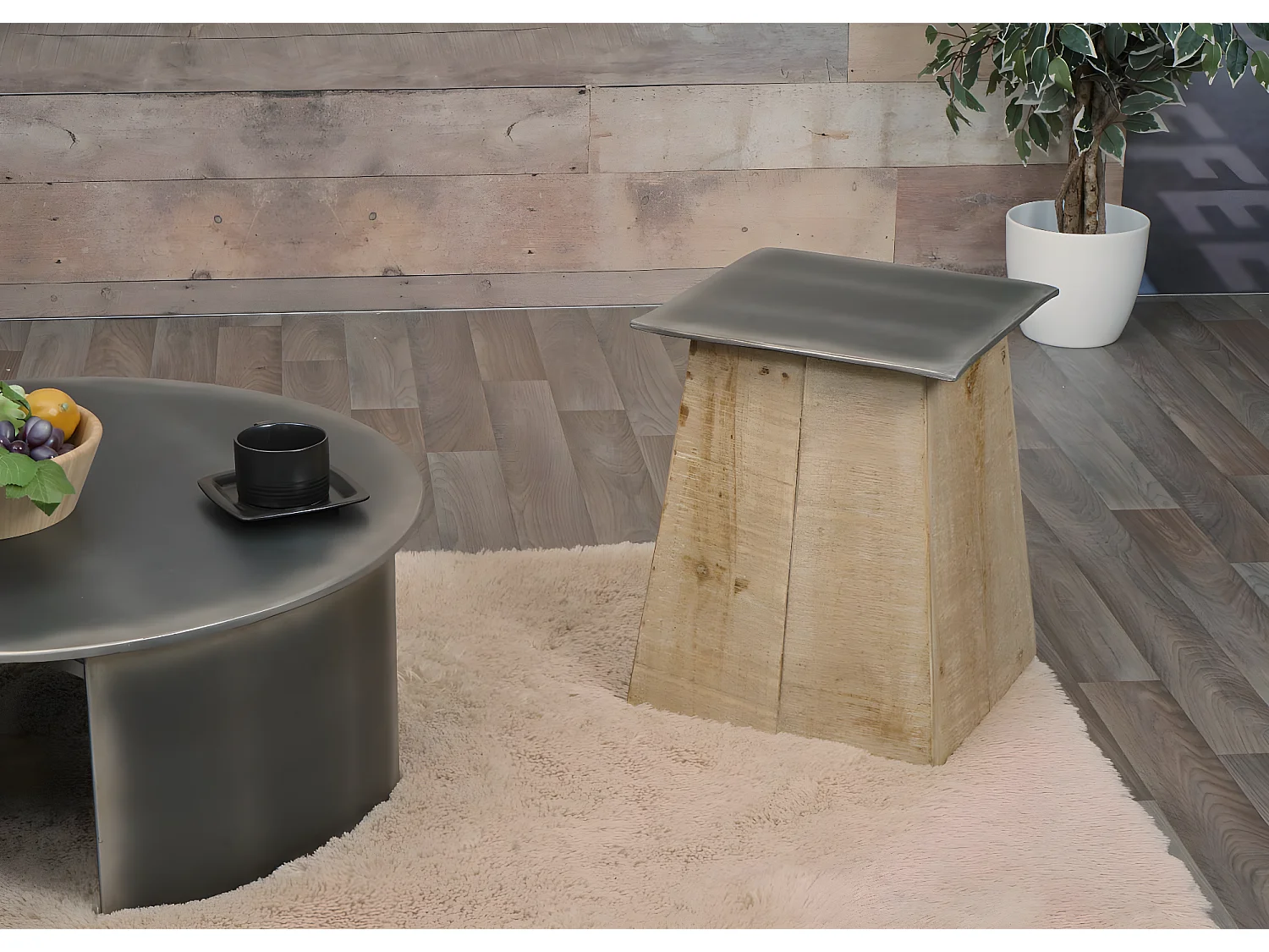 Sgabello tavolino design industriale MCW-L76 45x36x36cm legno di abete naturale e nero