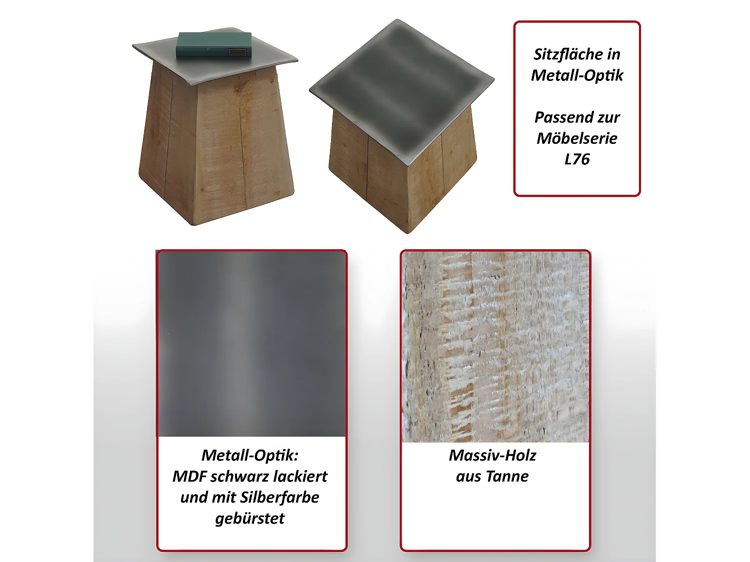 Sgabello tavolino design industriale MCW-L76 45x36x36cm legno di abete naturale e nero