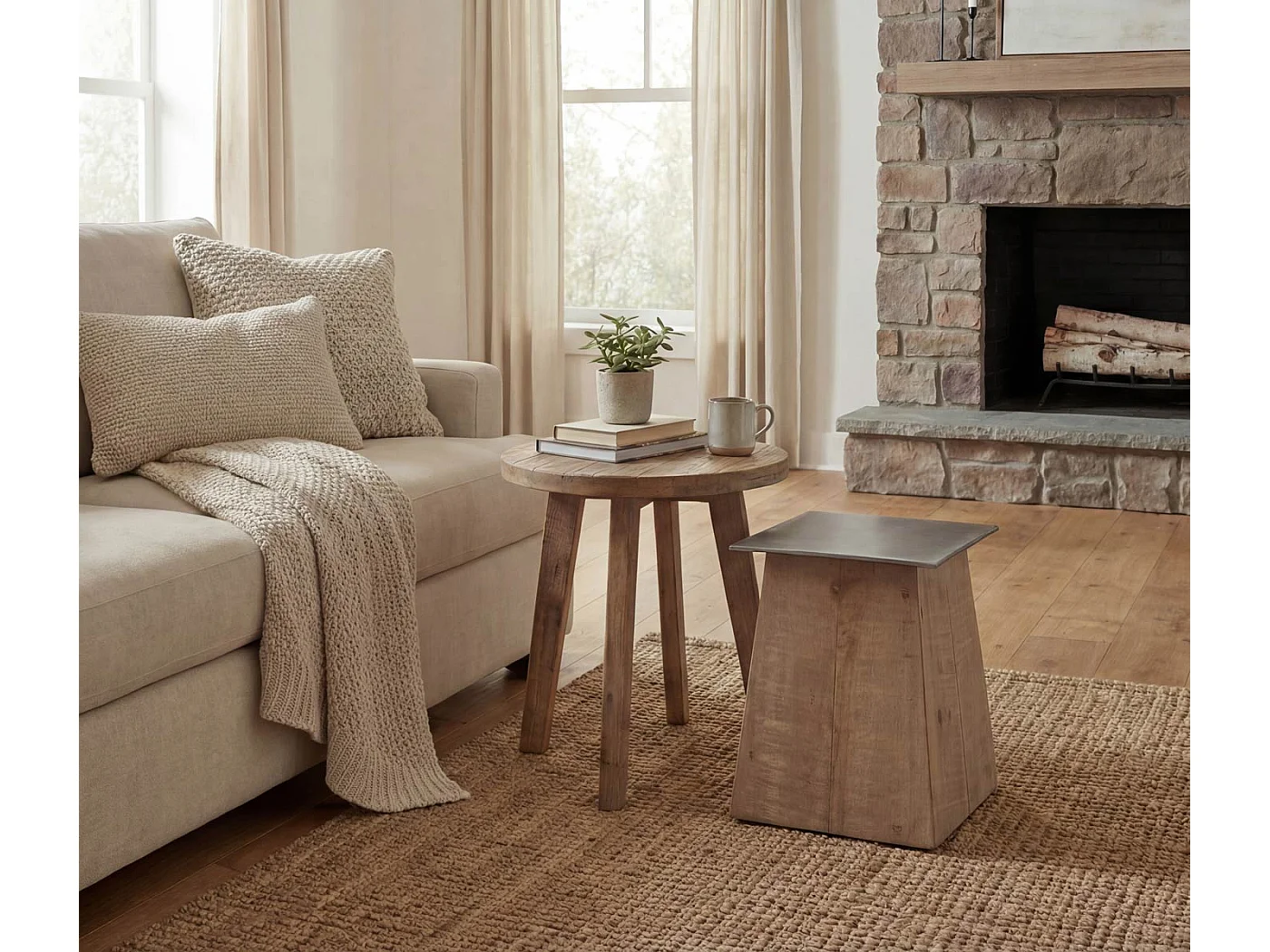 Hocker MCW-L76, Sitzhocker Holzhocker, Industrial Massiv-Holz MVG-zertifiziert, natur mit Metall-Optik