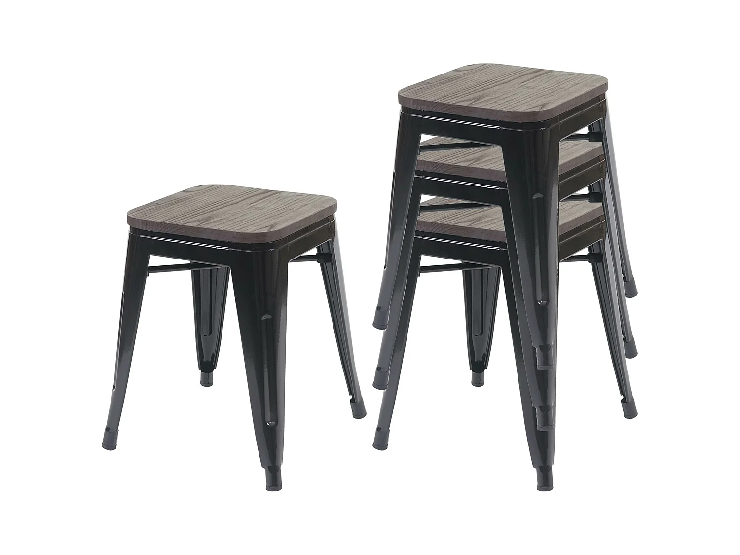 4x tabouret MCW-A73, assise en bois incluse,  noir