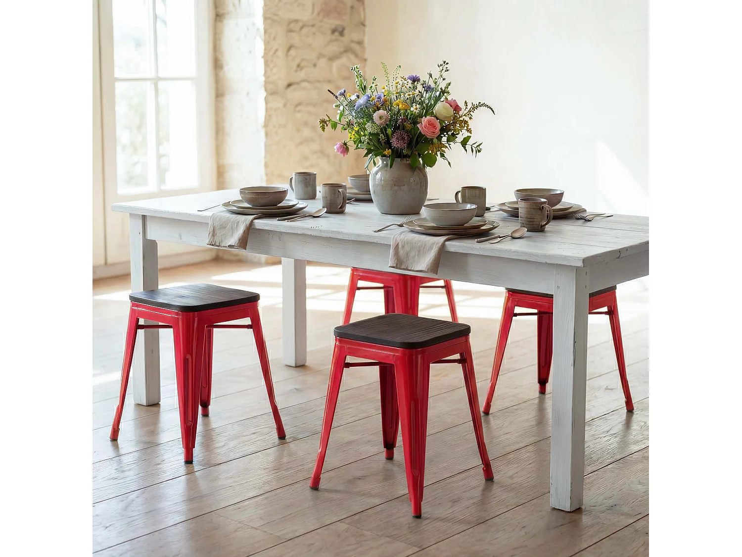 Hocker MCW-A73 (4er-Set) Holz-Sitzfläche, Rot