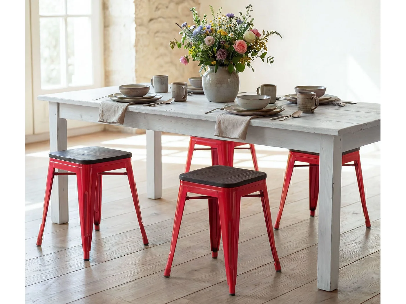 Hocker MCW-A73 (4er-Set) Holz-Sitzfläche, Rot