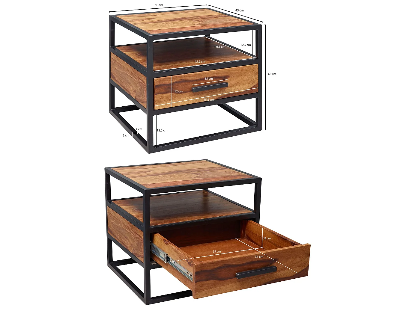 Nachtkonsole FB51418 Sheesham Holz Metall Industrial Nachttisch Design