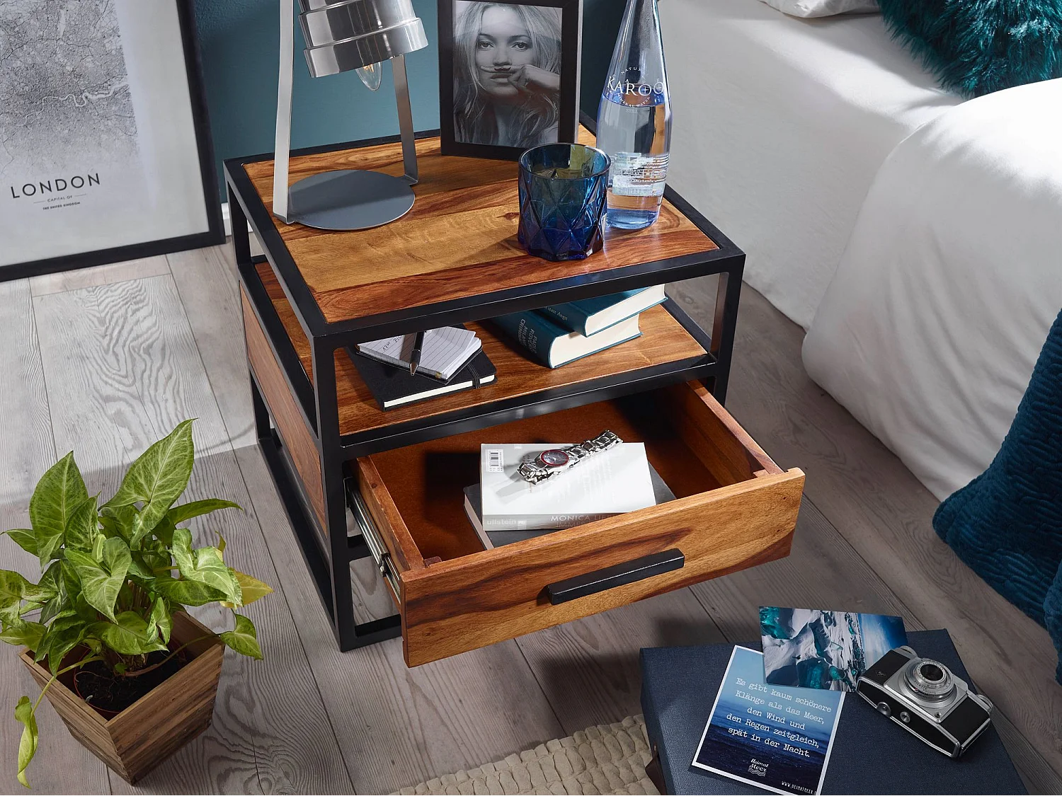 Nachtkonsole FB51418 Sheesham Holz Metall Industrial Nachttisch Design