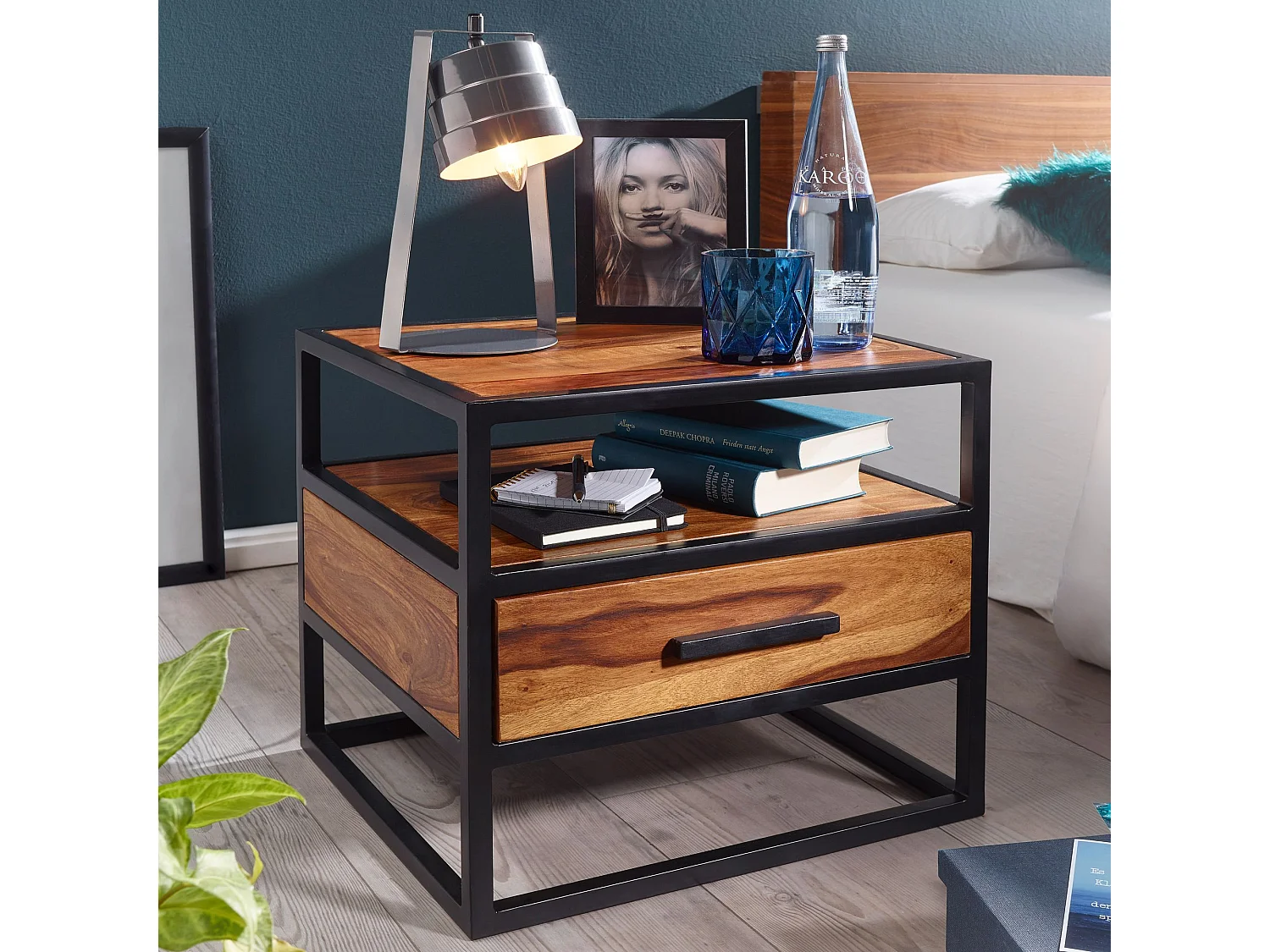 Nachtkonsole FB51418 Sheesham Holz Metall Industrial Nachttisch Design