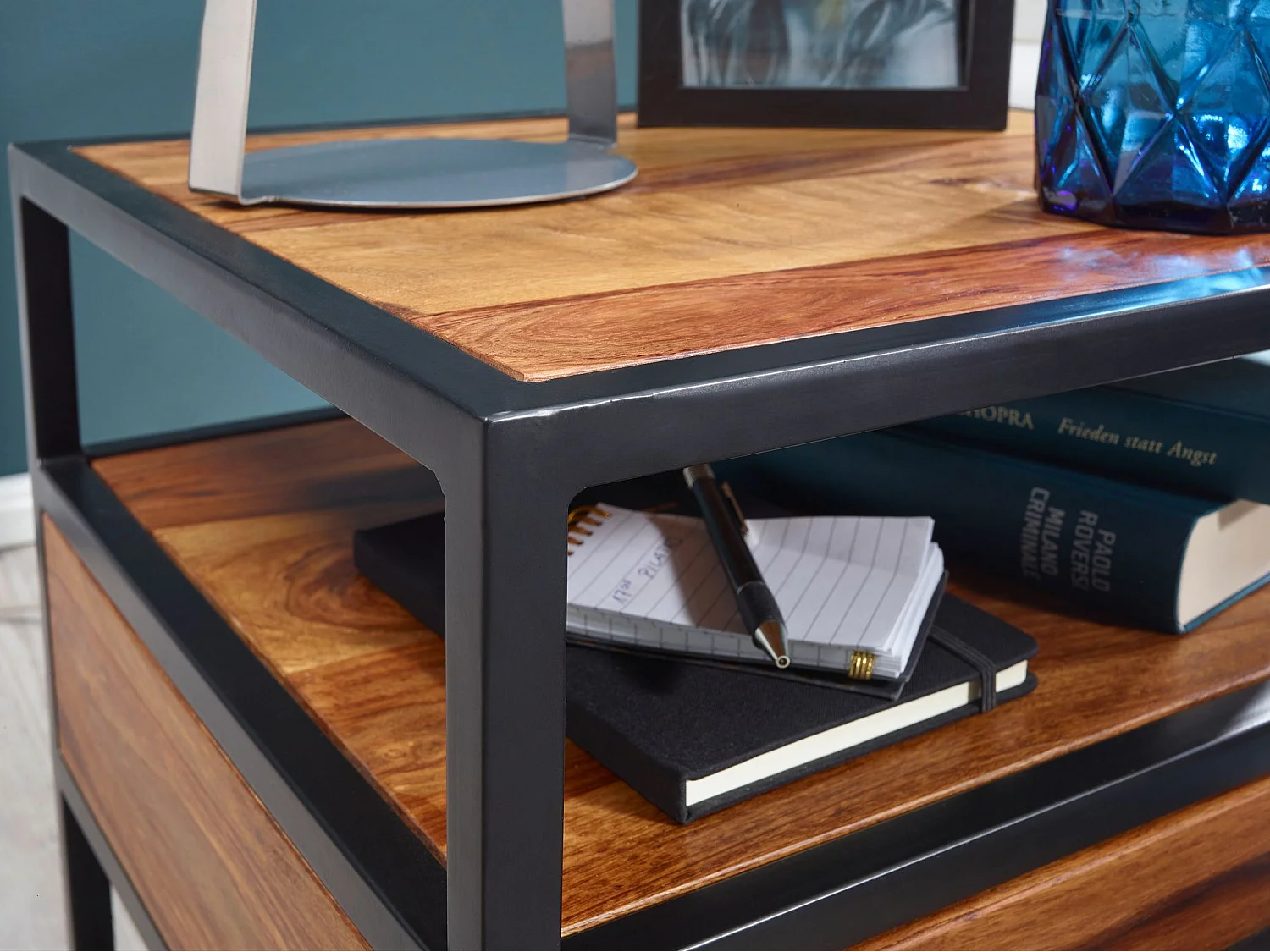 Nachtkonsole FB51418 Sheesham Holz Metall Industrial Nachttisch Design