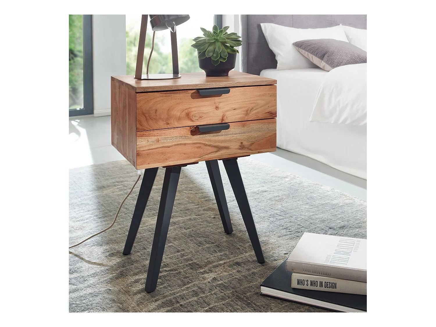 47x65x35 cm Table de chevet en bois massif d'acacia avec sommier à ressorts