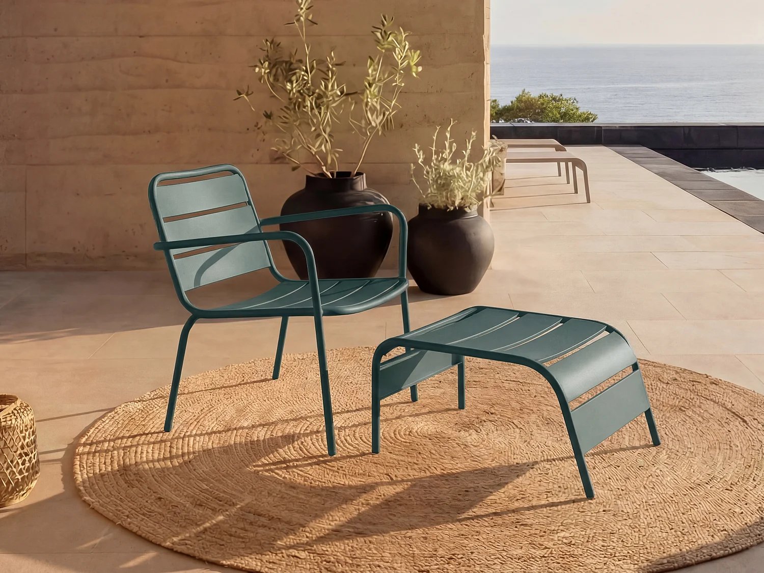 Low stackable metal garden armchair + foot-rest - Fir green - MIRMANDE by MYLIA