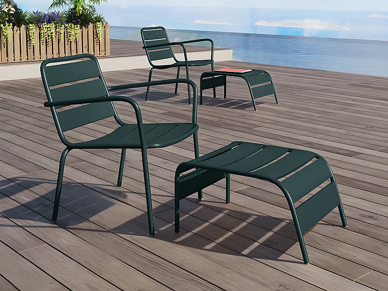 Fauteuil bas de jardin empilable + repose pied en métal - Vert sapin - MIRMANDE de MYLIA