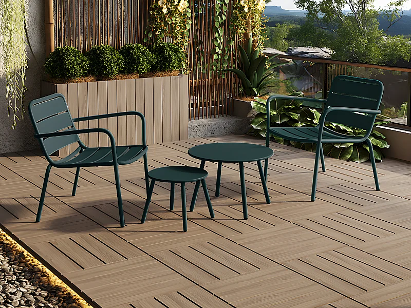 Salon de jardin en métal - 2 fauteuils bas empilables et tables gigognes - Vert sapin - MIRMANDE de MYLIA