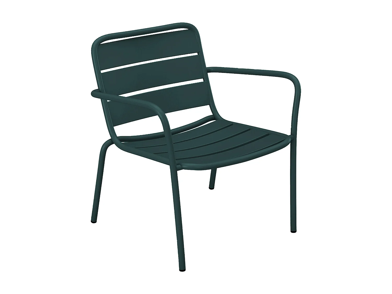 Garten-Sitzgruppe: 2 niedrige, stapelbare Sessel + Beistelltische - Metall - Tannengrün - MIRMANDE von MYLIA