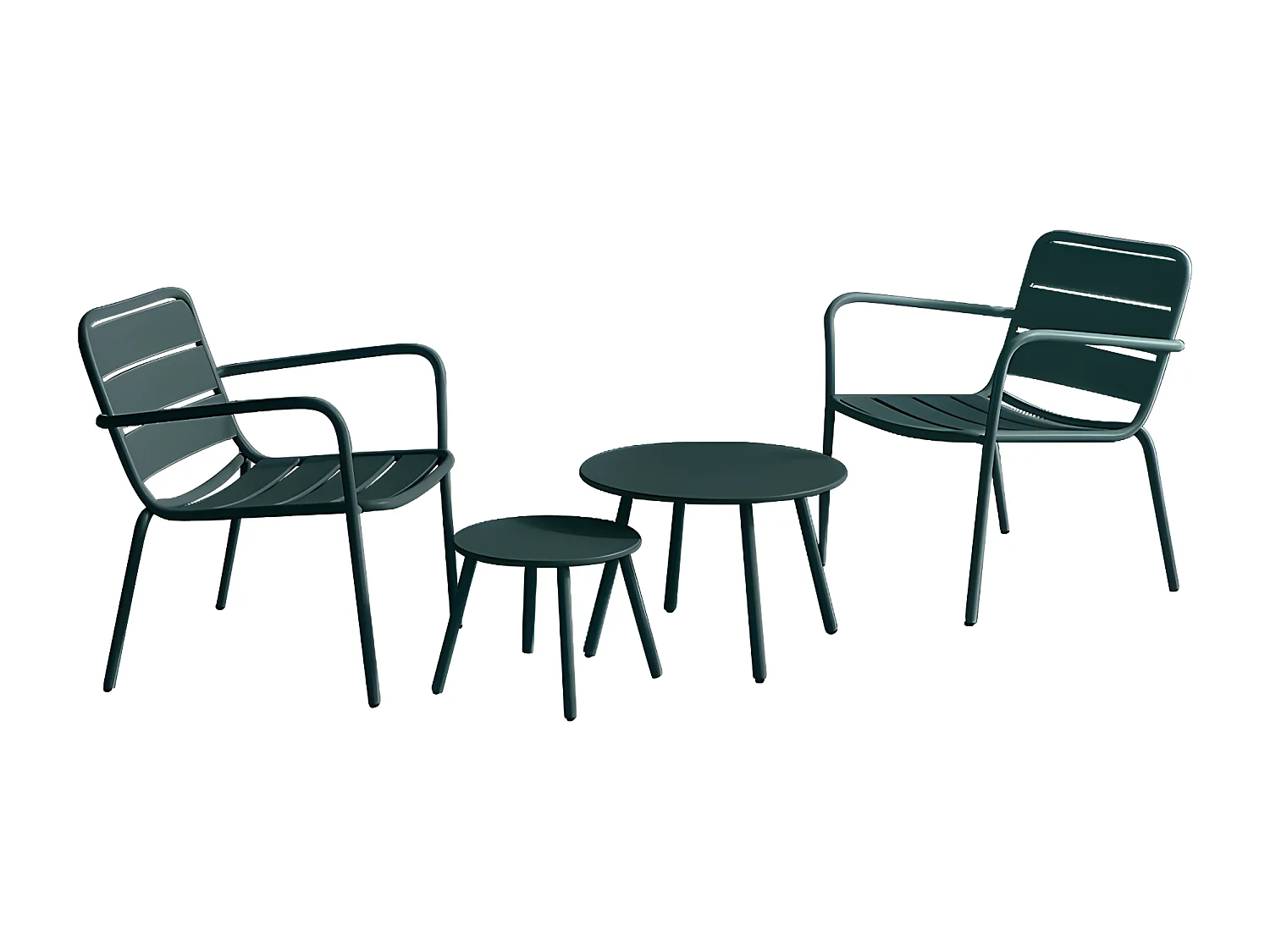Garten-Sitzgruppe: 2 niedrige, stapelbare Sessel + Beistelltische - Metall - Tannengrün - MIRMANDE von MYLIA