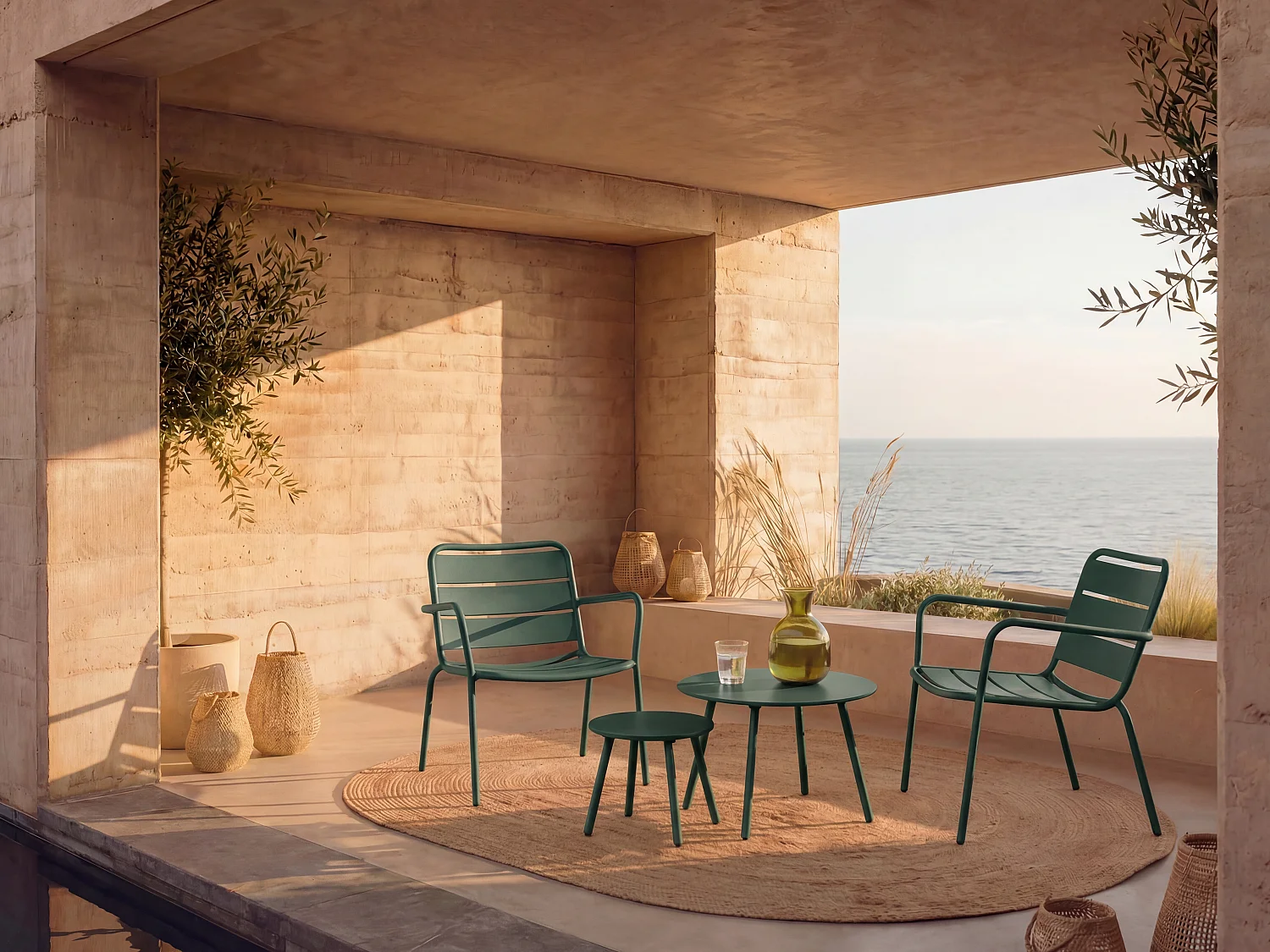 Metal garden furniture - 2 low stacking garden armchairs and nesting tables - Fir green - MIRMANDE by MYLIA