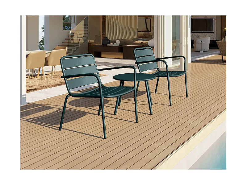 Garten-Sitzgruppe: 2 niedrige, stapelbare Sessel + Beistelltisch - Metall - Tannengrün - MIRMANDE von MYLIA