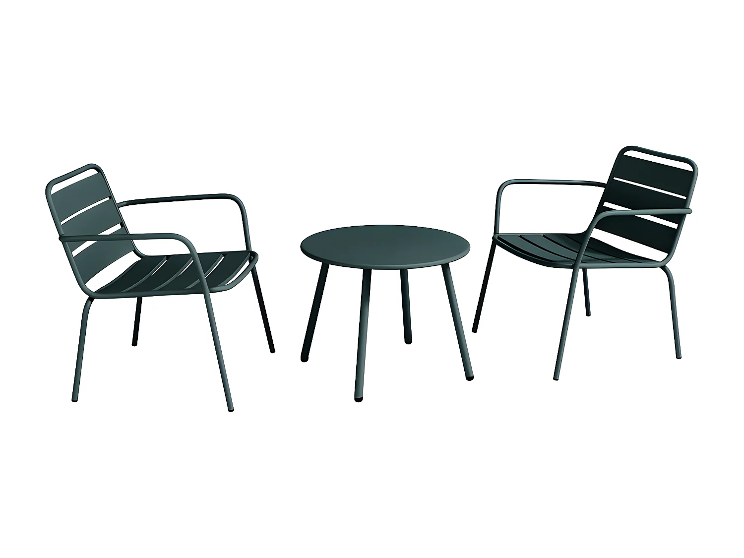 Garten-Sitzgruppe: 2 niedrige, stapelbare Sessel + Beistelltisch - Metall - Tannengrün - MIRMANDE von MYLIA