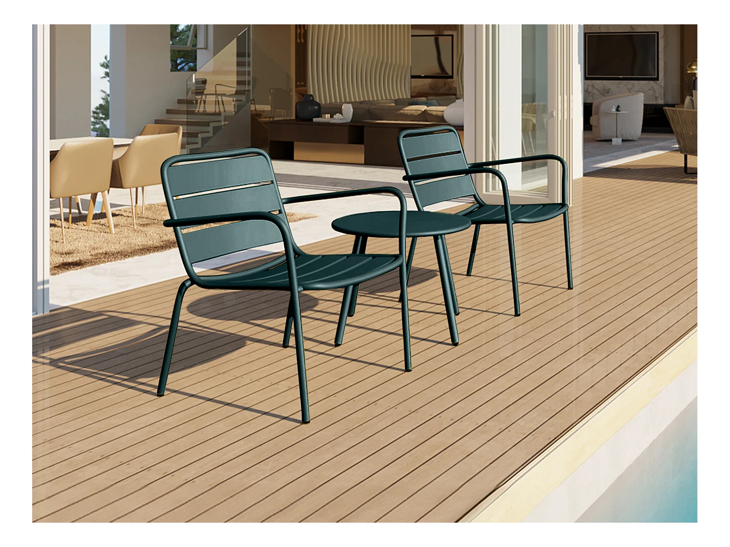 Metallträdgårdsmöbler - 2 stapelbara fåtöljer och ett runt sidobord - Mörkgrön - MIRMANDE från MYLIA