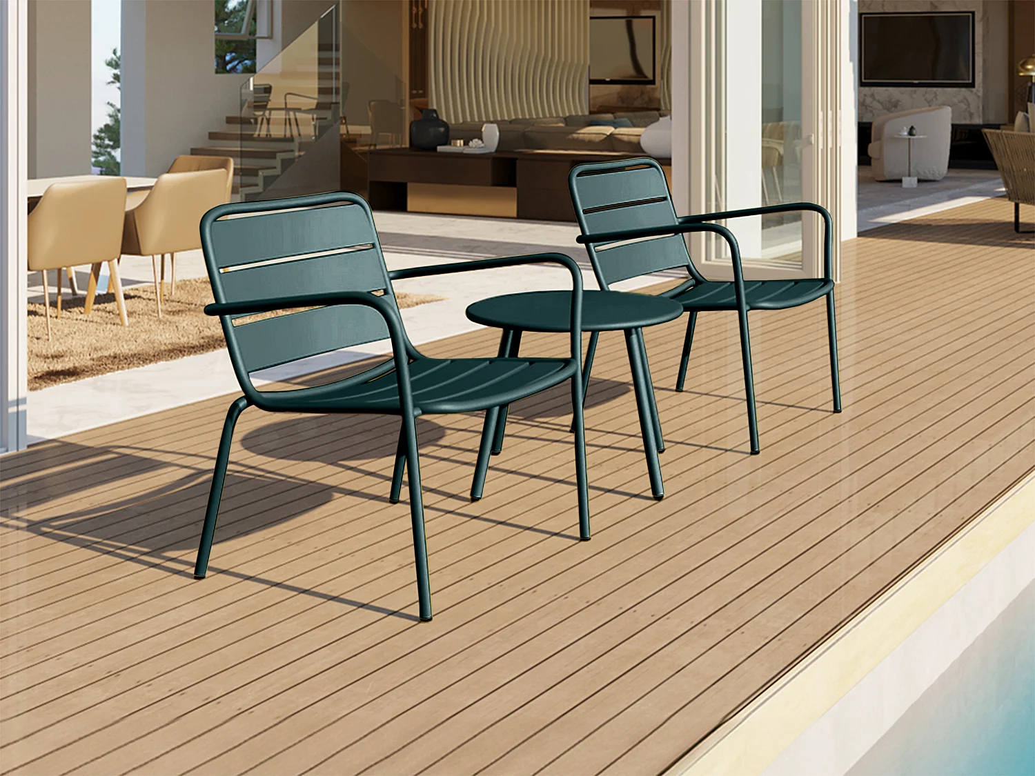 Garten-Sitzgruppe: 2 niedrige, stapelbare Sessel + Beistelltisch - Metall - Tannengrün - MIRMANDE von MYLIA