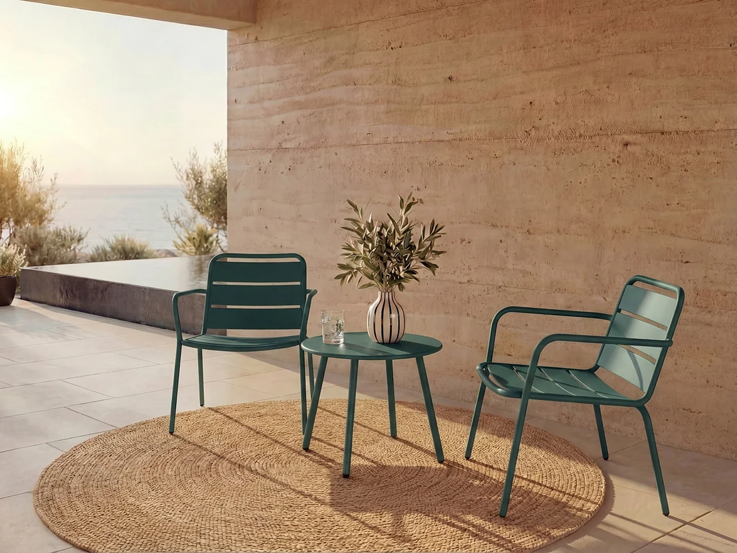 Salon de jardin en métal - 2 fauteuils bas empilables et une table d'appoint ronde - Vert sapin - MIRMANDE de MYLIA