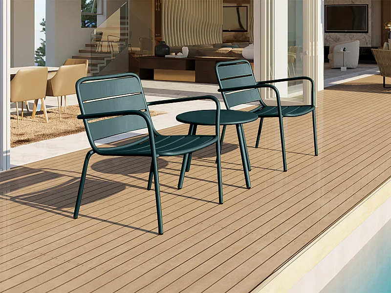 Garten-Sitzgruppe: 2 niedrige, stapelbare Sessel + Beistelltisch - Metall - Tannengrün - MIRMANDE von MYLIA